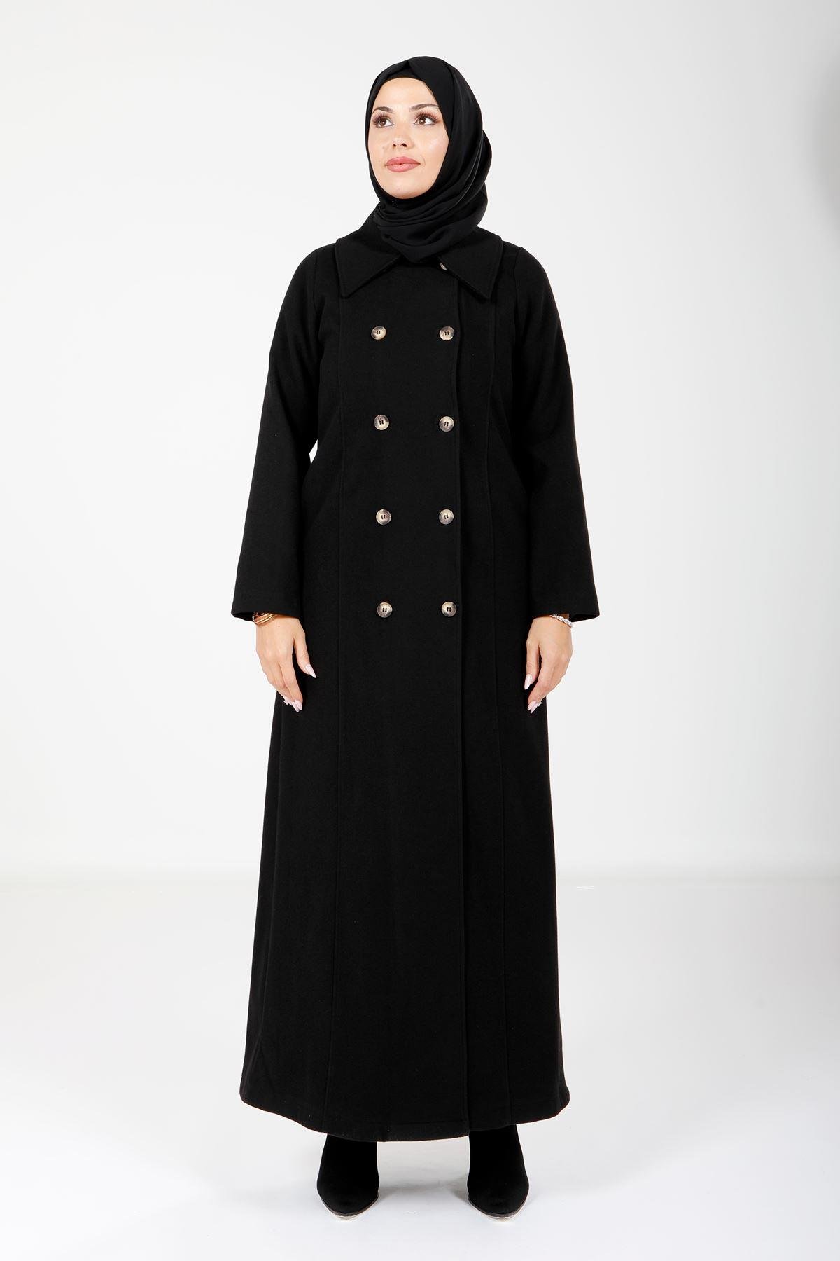 Beyza-Beyza Exclusive Düğmeli Uzun Siyah Renk Tesettür Manto 9160