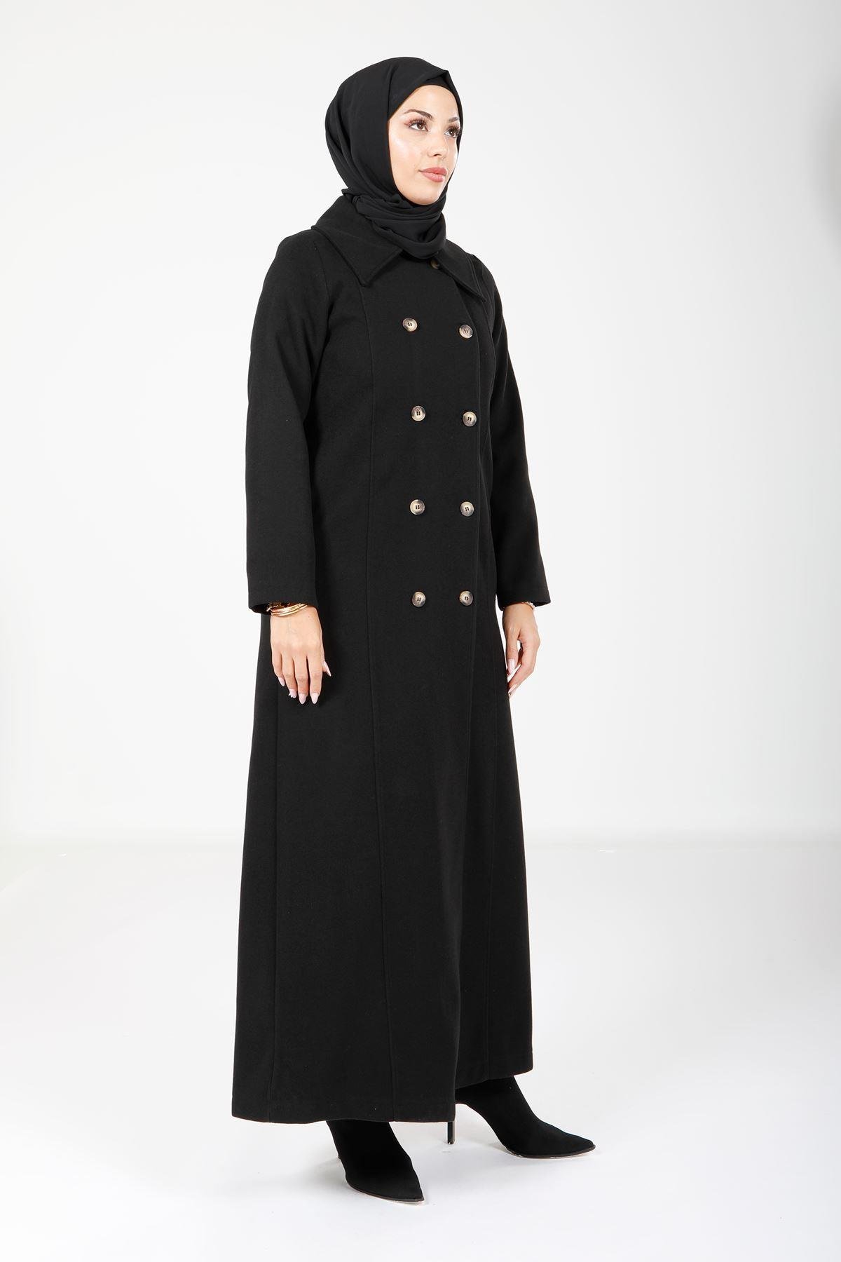 Beyza-Beyza Exclusive Düğmeli Uzun Siyah Renk Tesettür Manto 9160