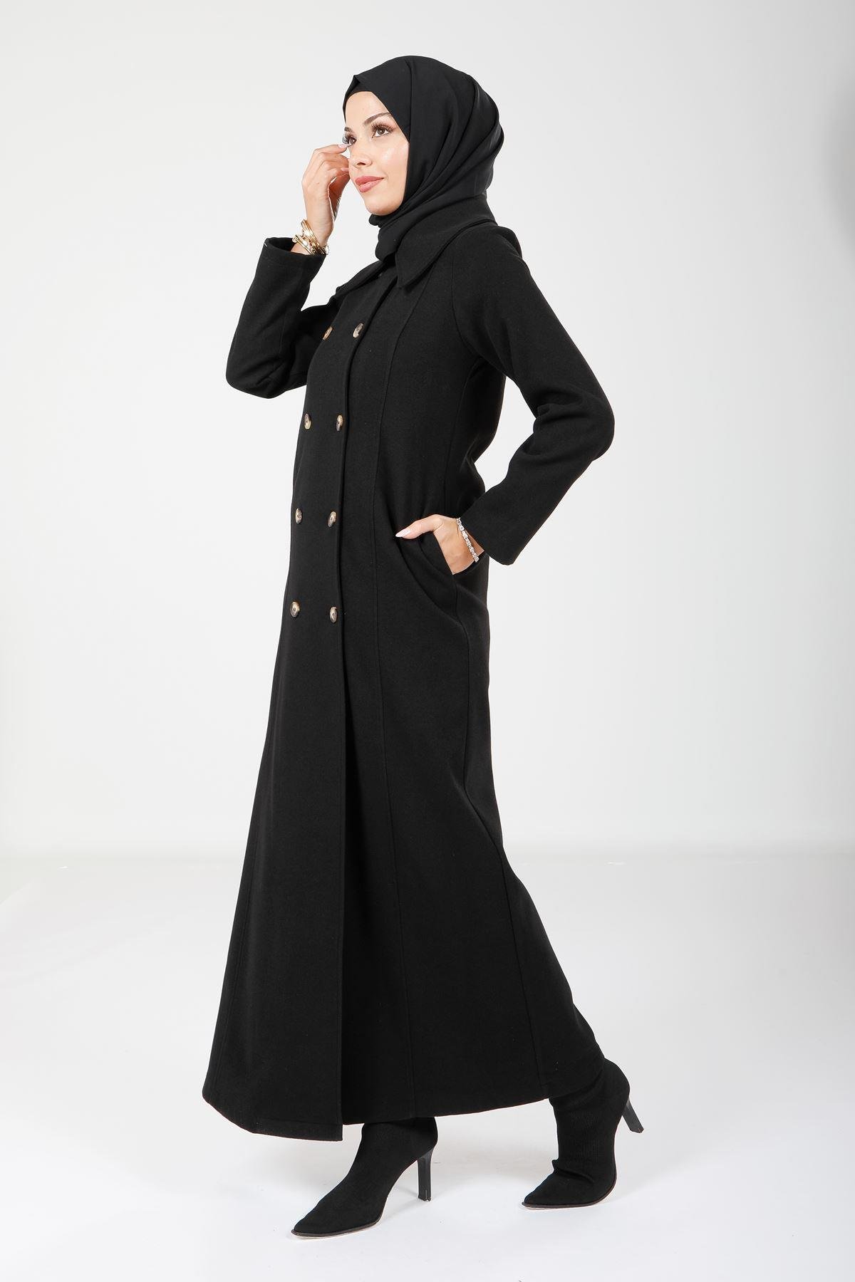 Beyza-Beyza Exclusive Düğmeli Uzun Siyah Renk Tesettür Manto 9160