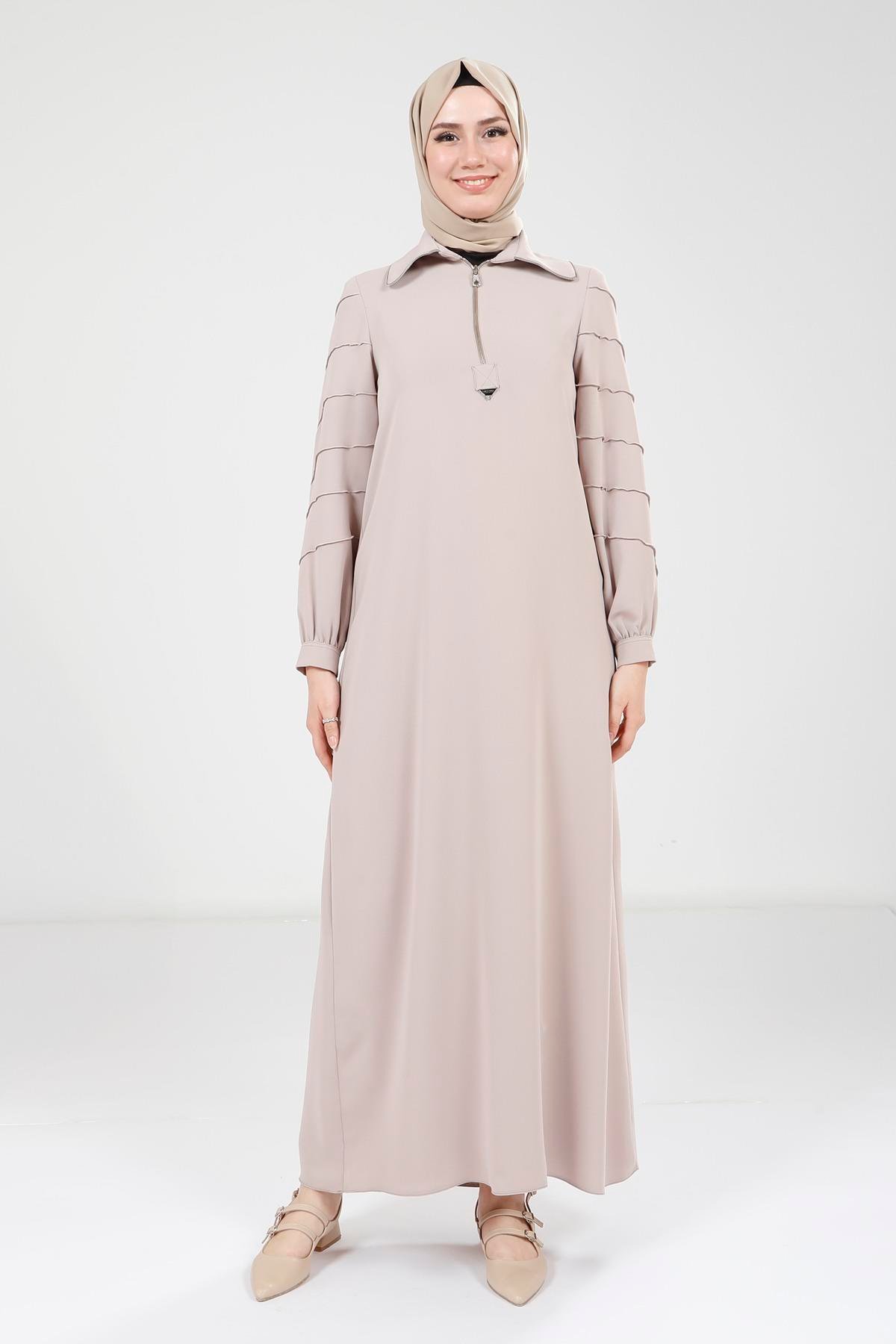 Beyza-Beyza Fermuarlı Bej Elbise 9379