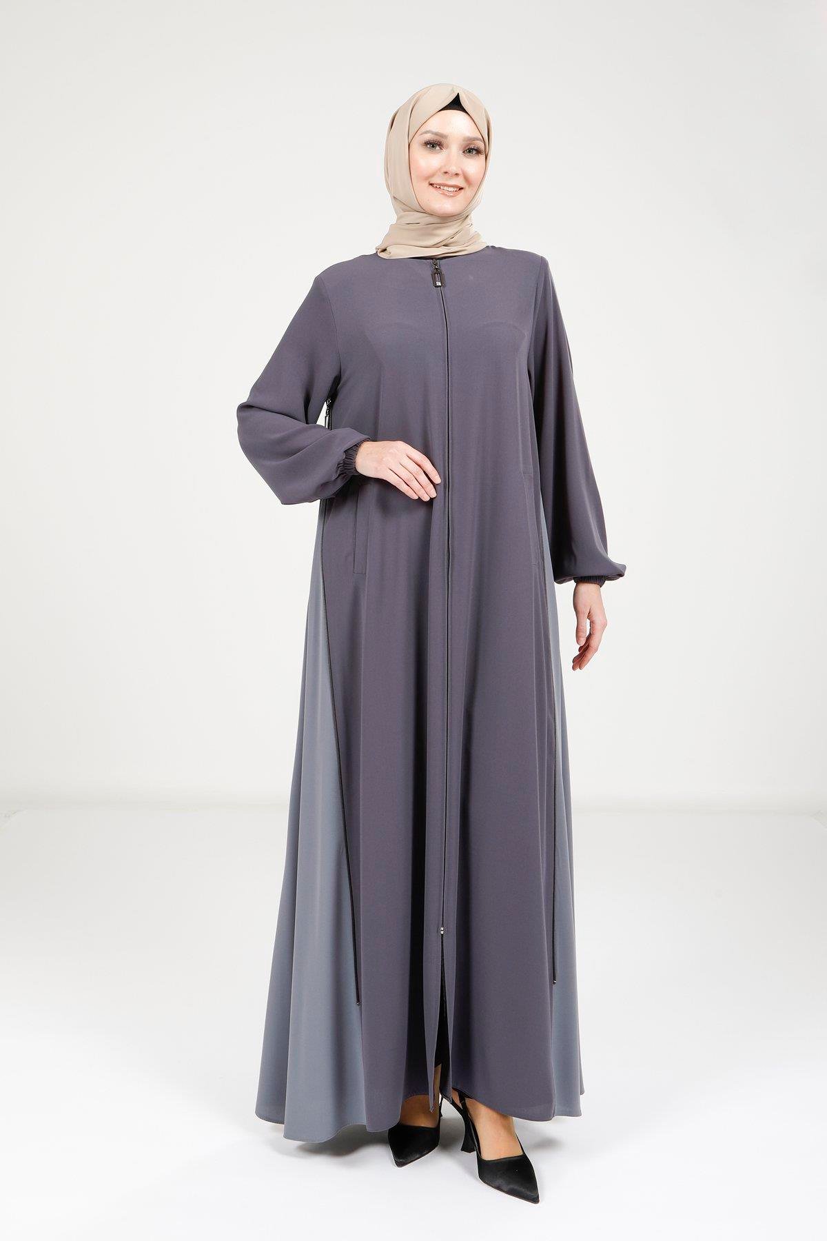 Beyza-Beyza Fermuarlı Çift Renk Füme Ferace 9326