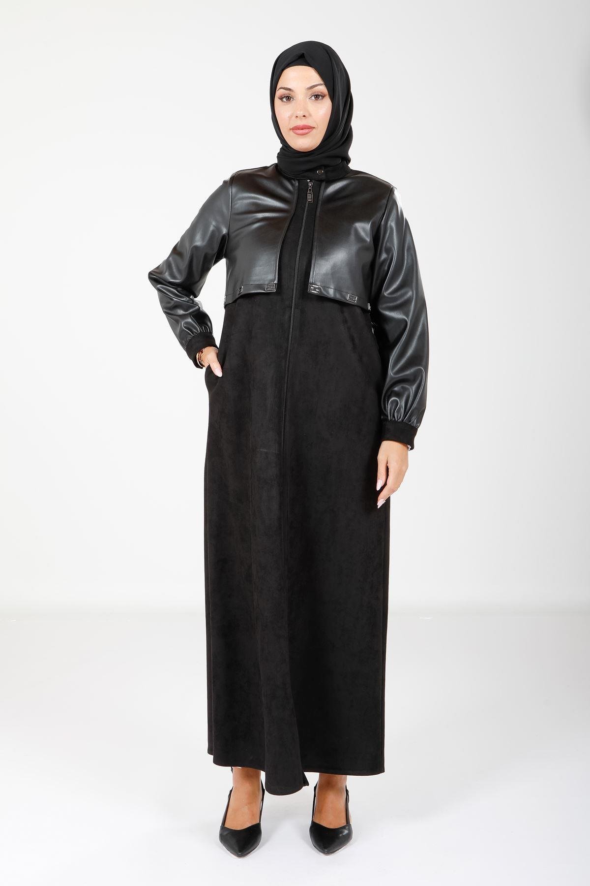 Beyza-Beyza Fermuarlı Deri ve Süet Siyah Ferace 9130