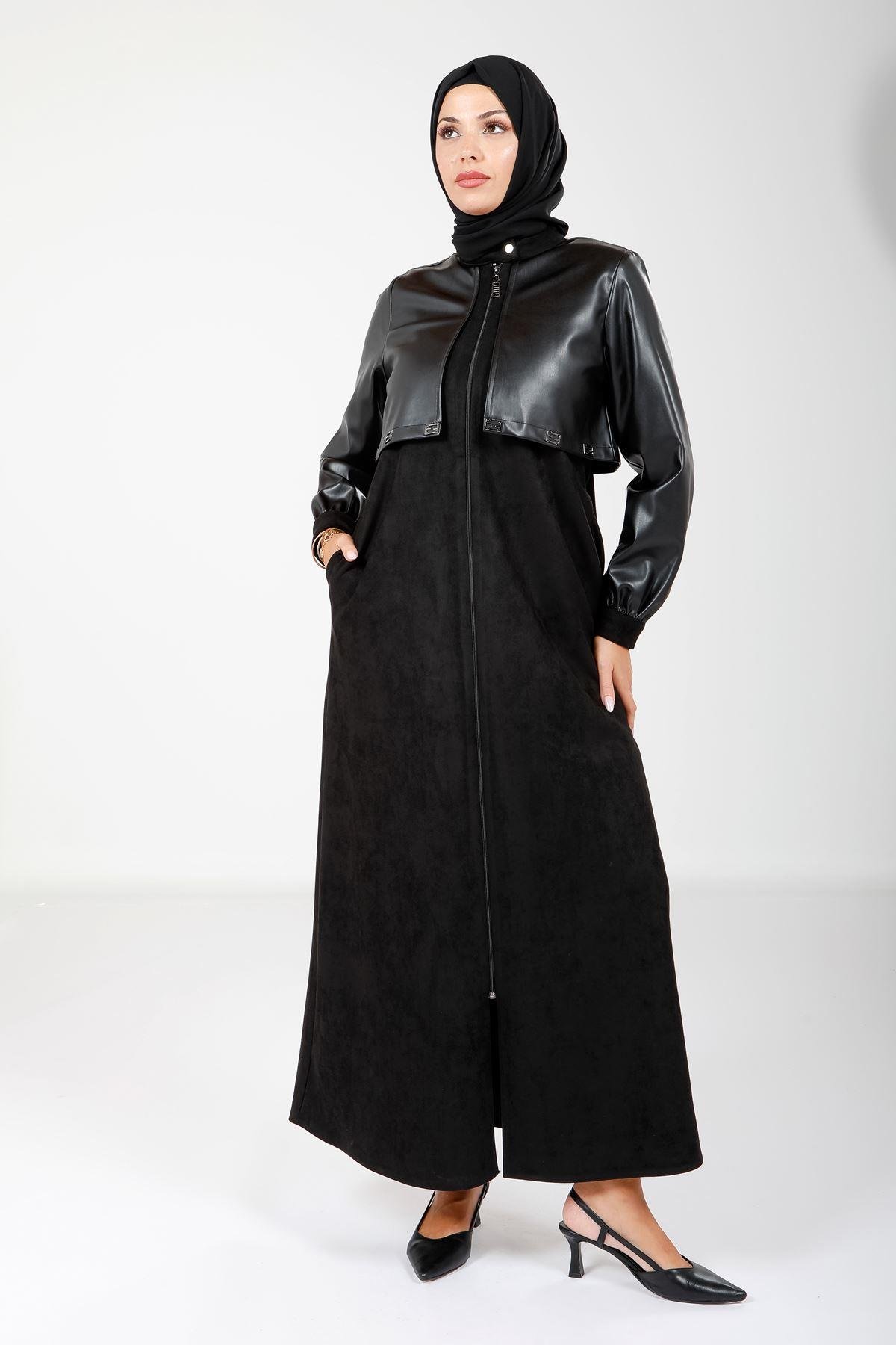 Beyza-Beyza Fermuarlı Deri ve Süet Siyah Ferace 9130