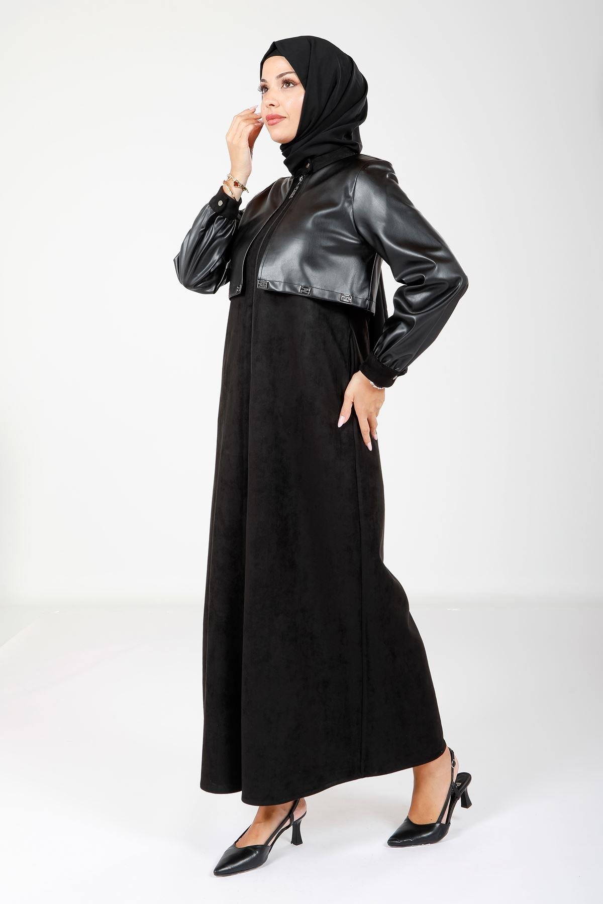 Beyza-Beyza Fermuarlı Deri ve Süet Siyah Ferace 9130