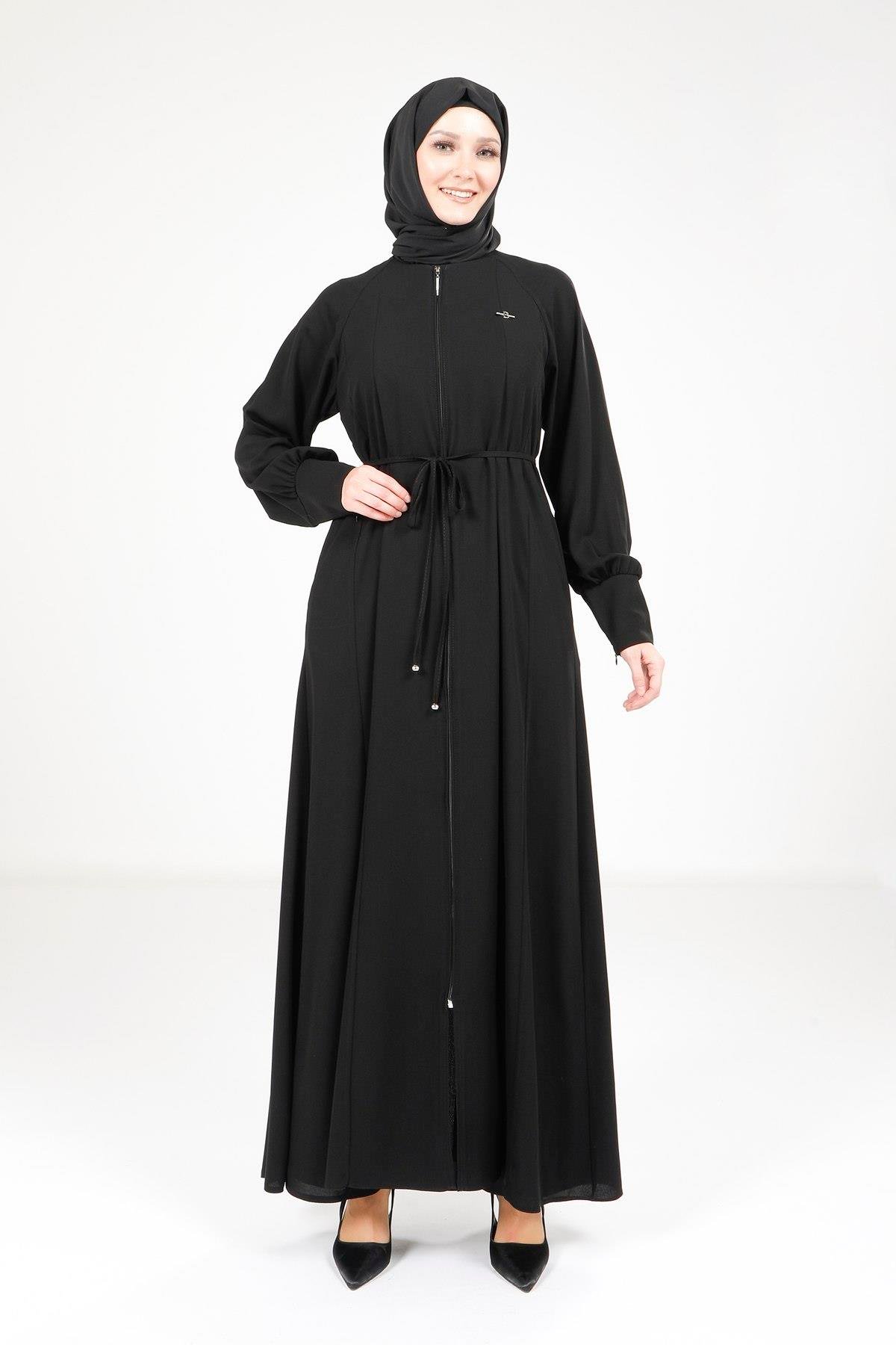 Beyza-Beyza Fermuarlı Kloş Siyah Ferace 9162