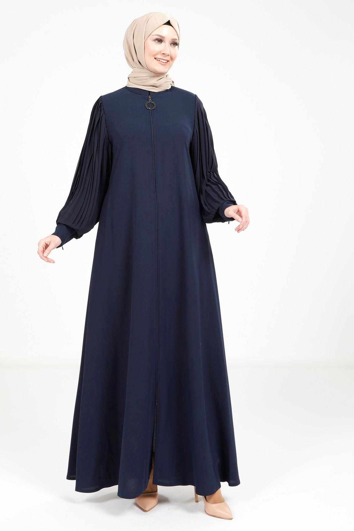 Beyza-Beyza Fermuarlı Kolları Pilise Detaylı Lacivert Ferace 3453
