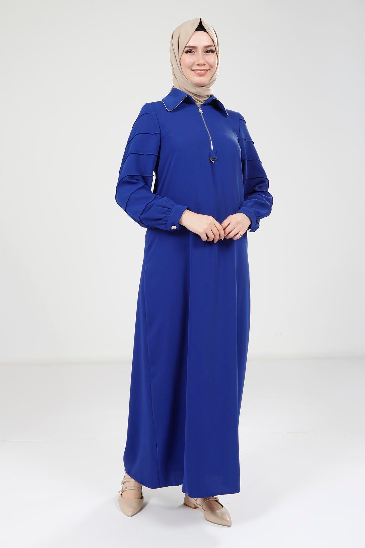 Beyza-Beyza Fermuarlı Saks Mavisi Elbise 9379