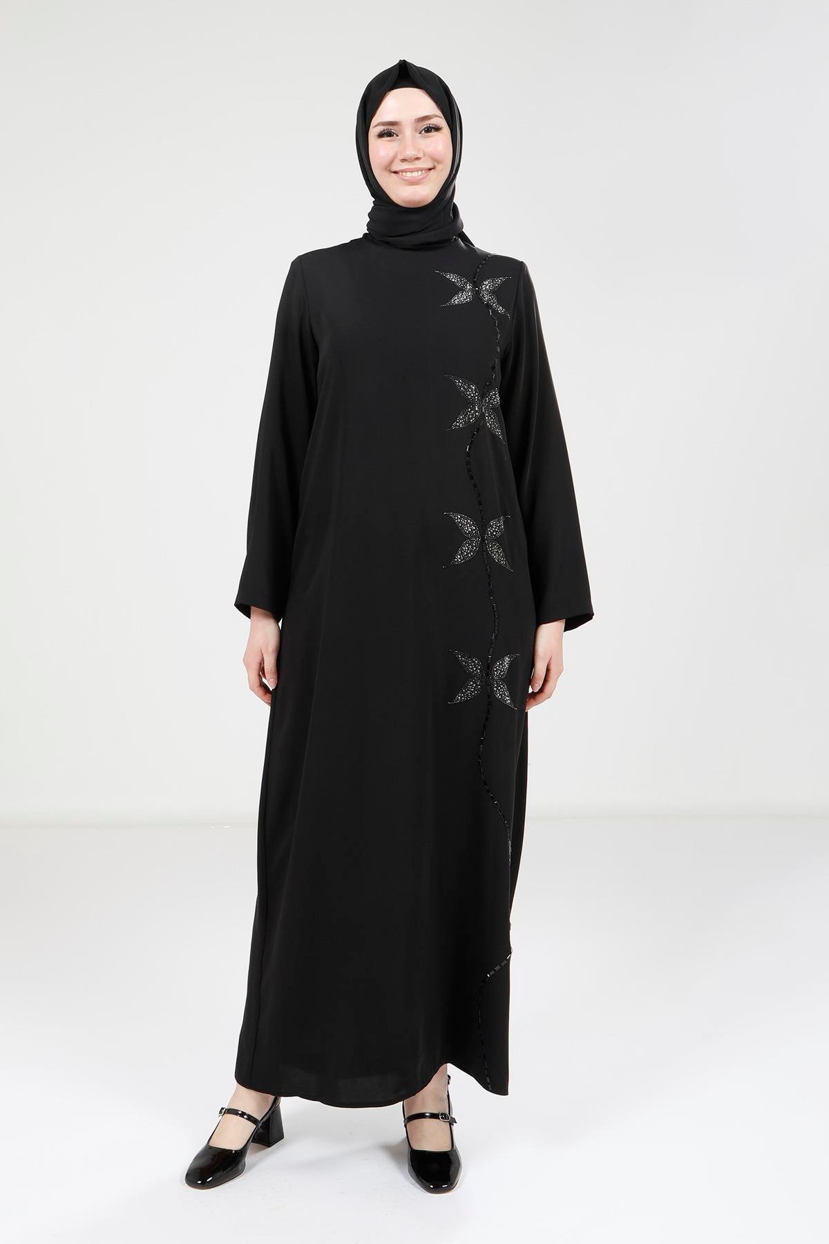 Beyza-Beyza Kelebek Taşlı Siyah Elbise 9316