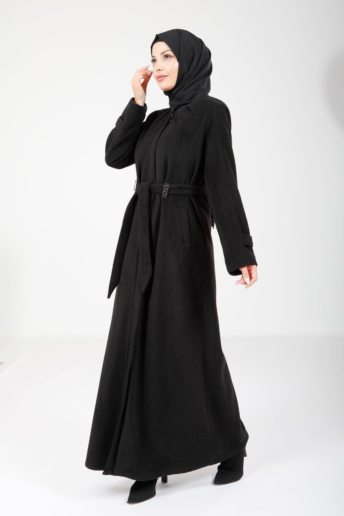Beyza-Beyza Kemerli Kışlık Siyah Kaban Moscova 3622-2