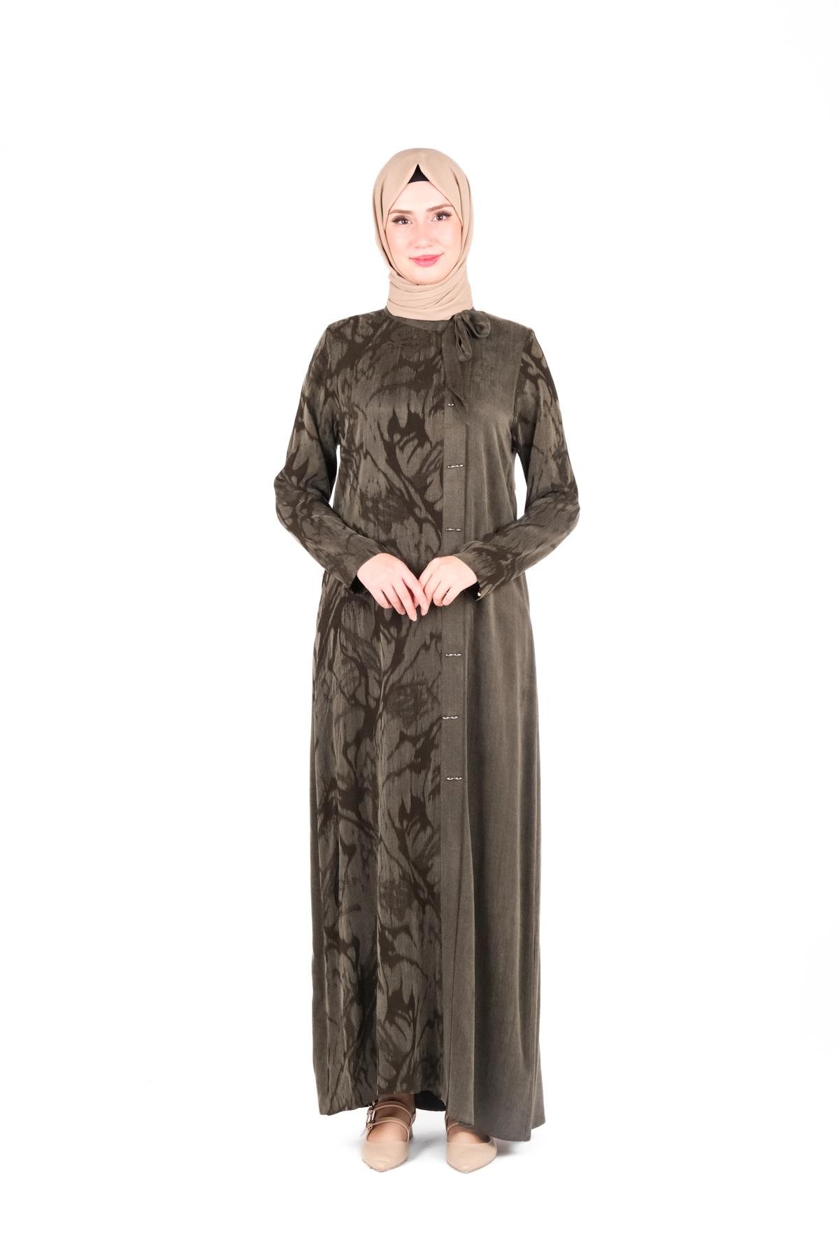 Beyza-Beyza Kendinden Desenli Yakası Kurdele Detaylı Haki Elbise 9412