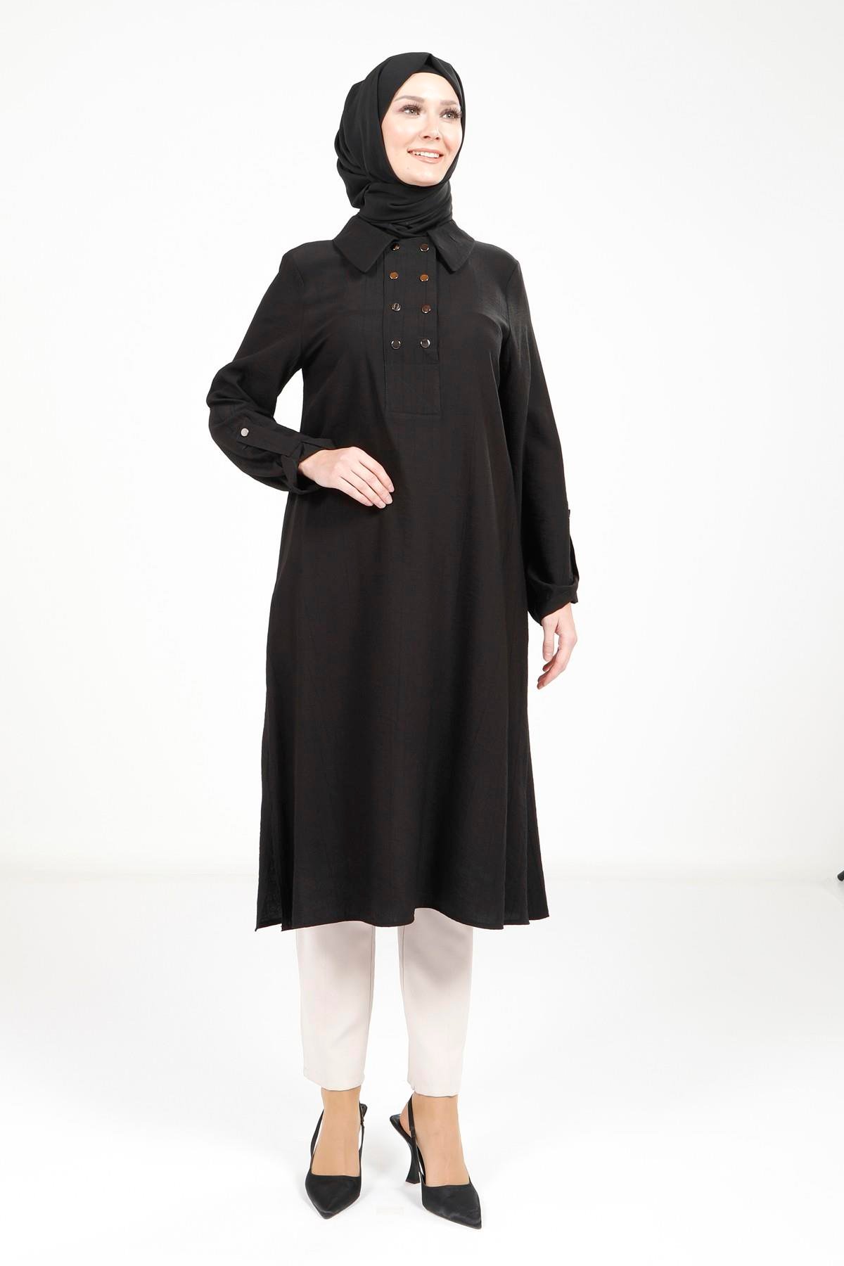 Beyza-Beyza Kolu Apoletli Siyah Tesettür Tunik 9340