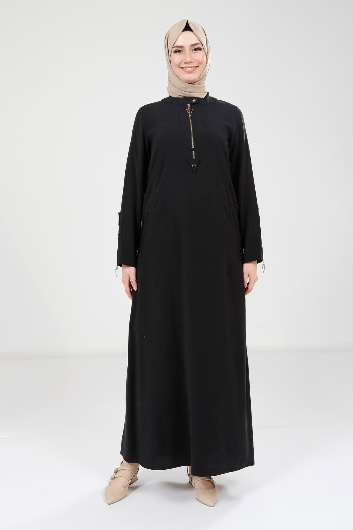 Beyza-Beyza Kolu Fermuar Detaylı Siyah Elbise 9384