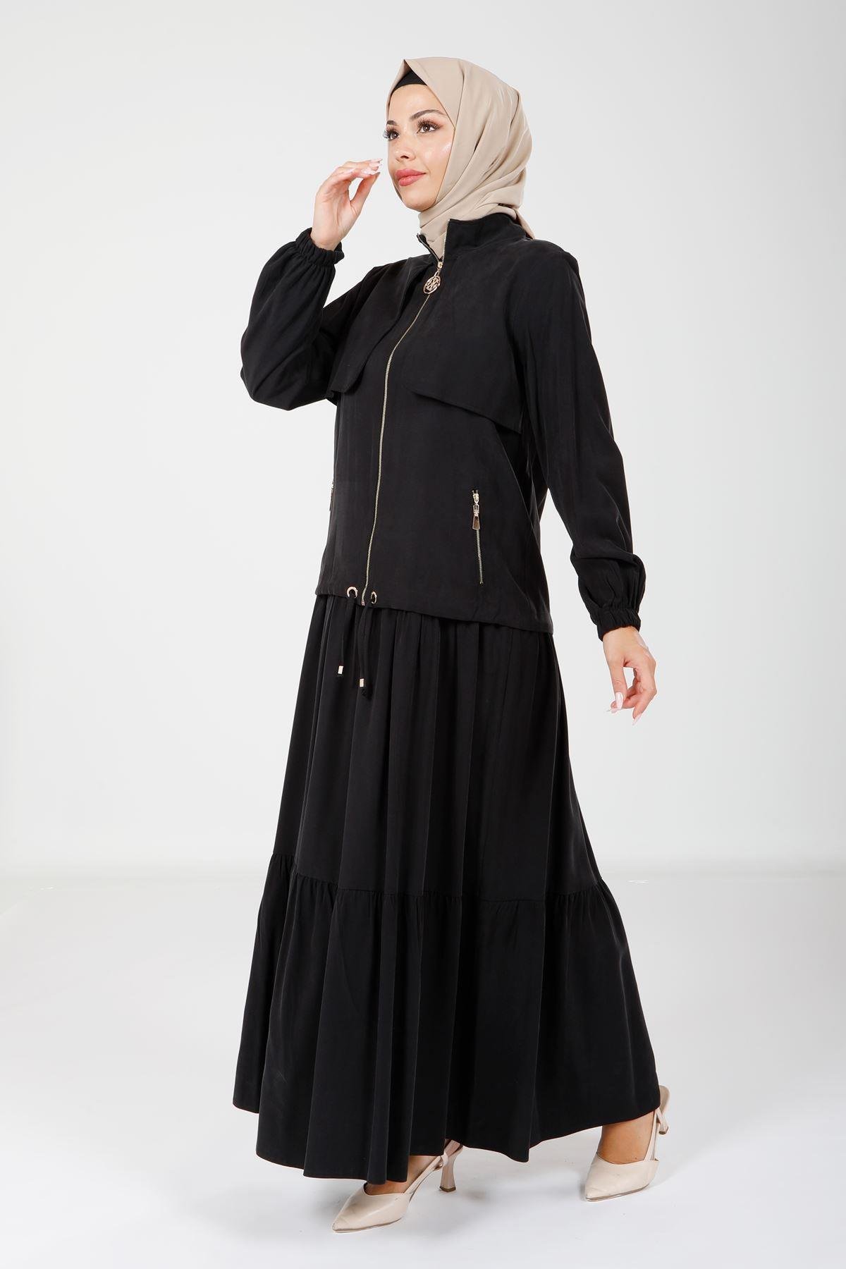 Beyza-Beyza Kolu Lastikli Fermuarlı Siyah Elbise Ceket 9102