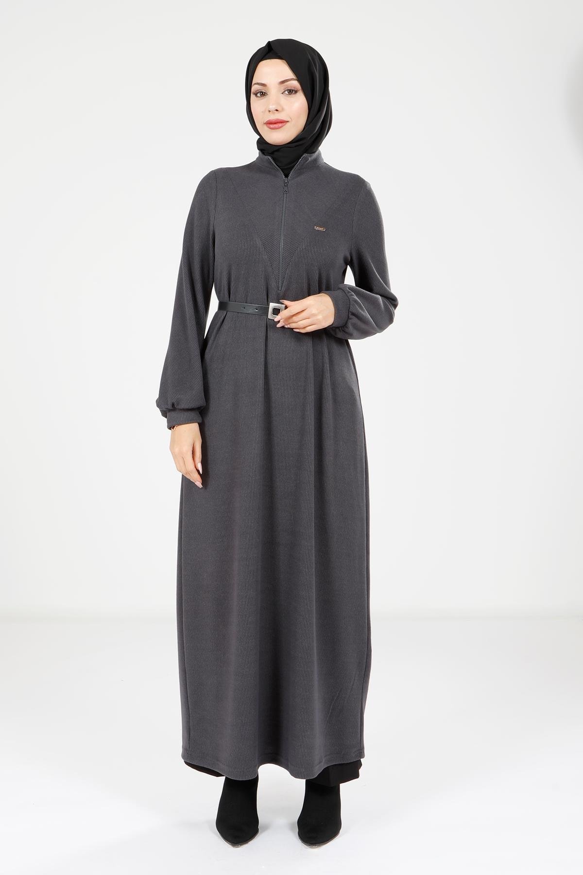 Beyza-Beyza Kolu Lastikli Kemerli Gri Elbise 9082