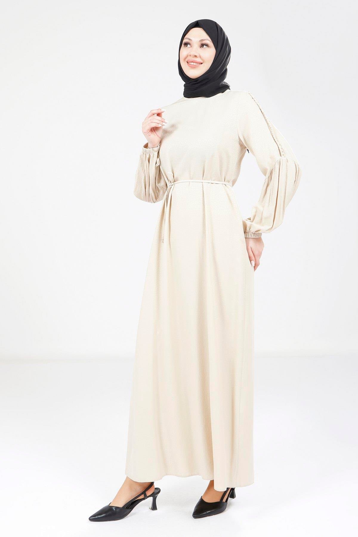 Beyza-Beyza Kolu Örgülü Bej Elbise 9355
