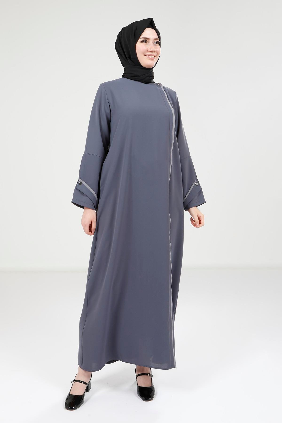 Beyza-Beyza Kolu Yırtmaçlı Koyu Gri Ferace 9283