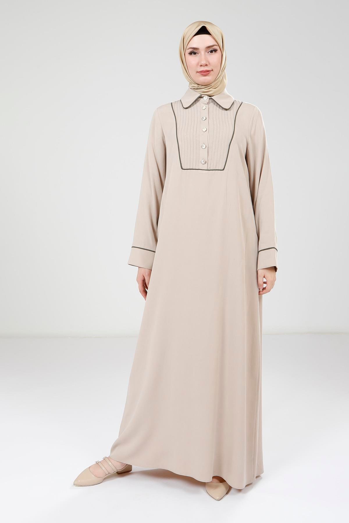 Beyza-Beyza Nervür Detaylı Bej Elbise 9398
