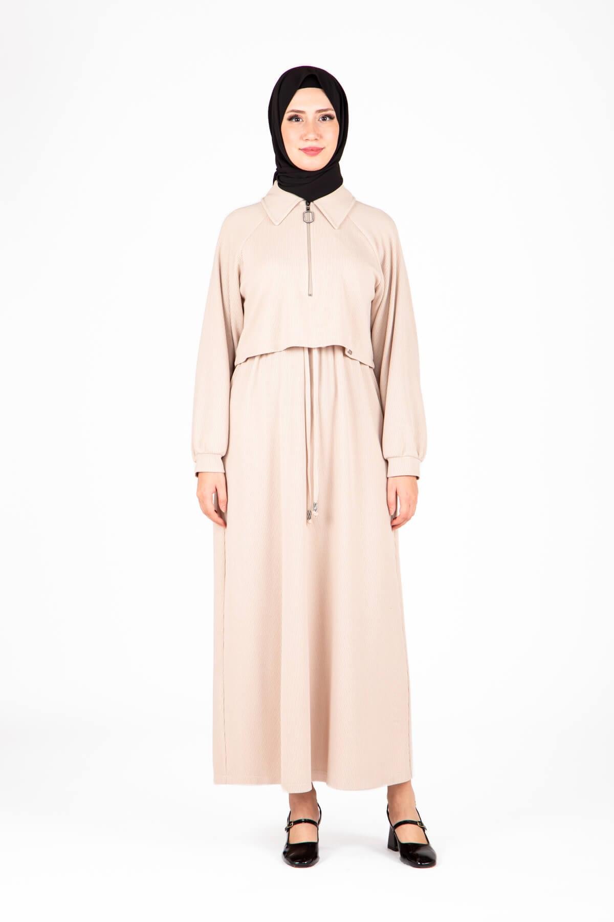 Beyza-Beyza Ön Kısmı Fermuarlı Örme Bej Elbise 9448