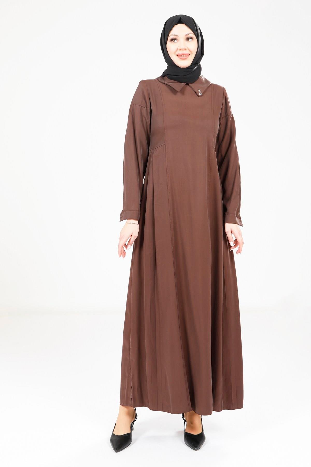 Beyza-Beyza Pileli Kahve Elbise 9342