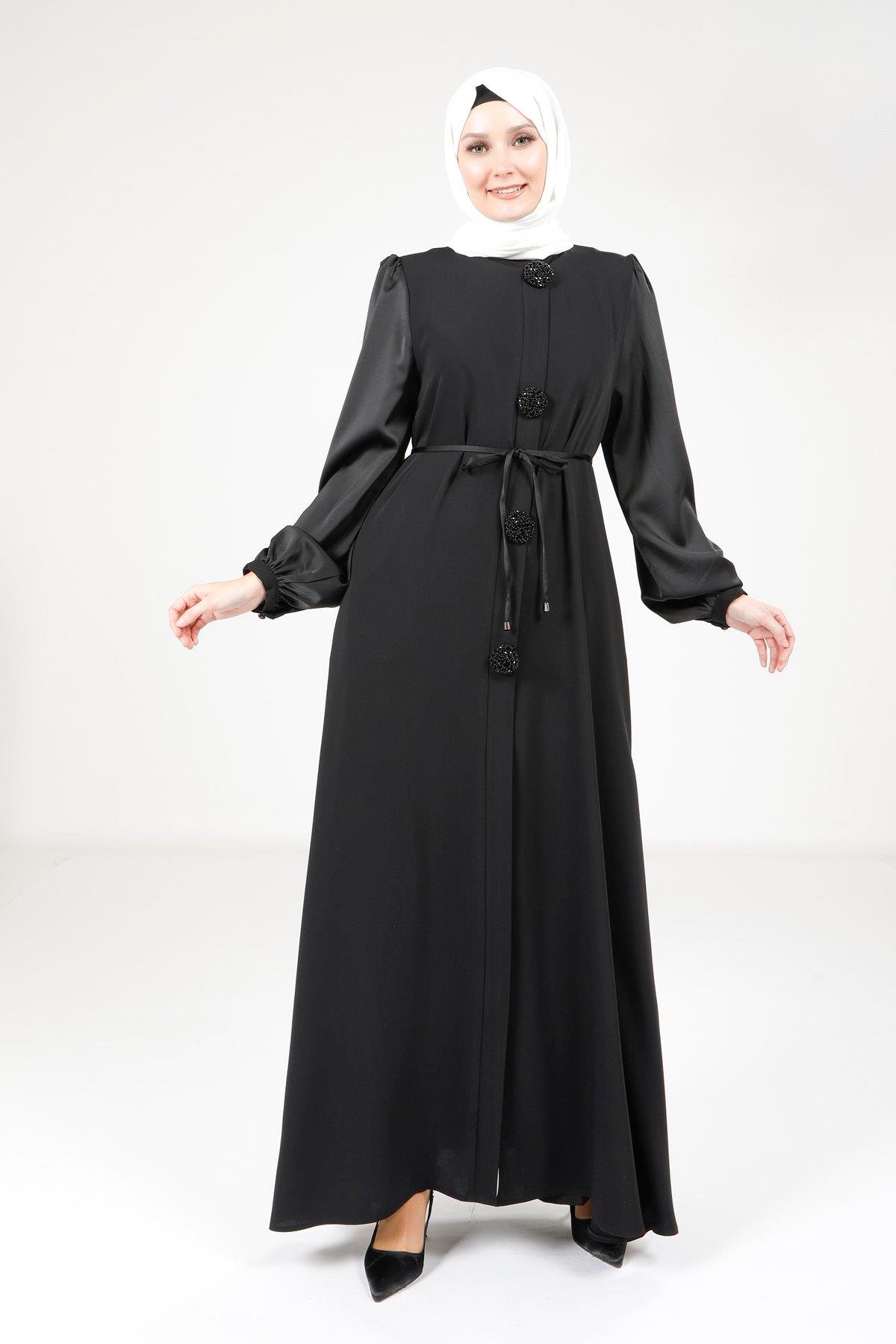 Beyza-Beyza Saten Detaylı Siyah Ferace 9247