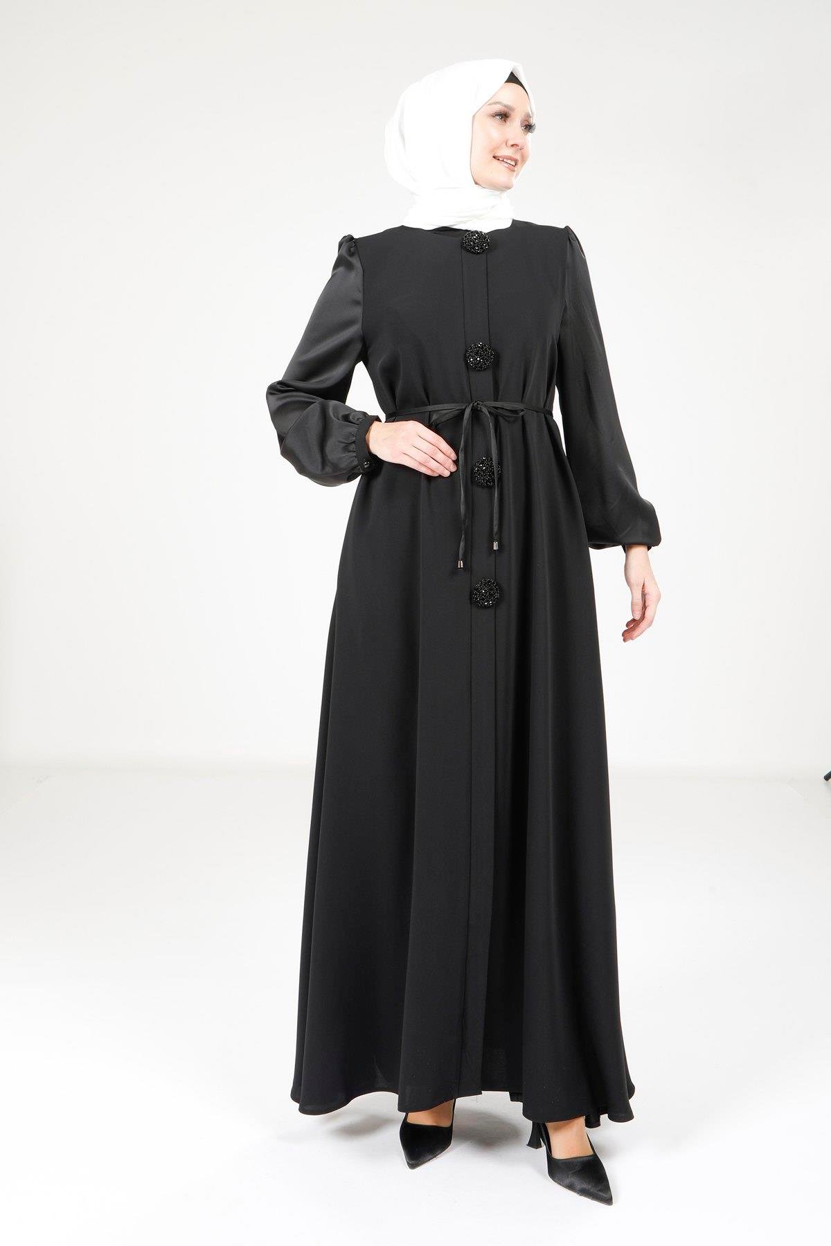 Beyza-Beyza Saten Detaylı Siyah Ferace 9247
