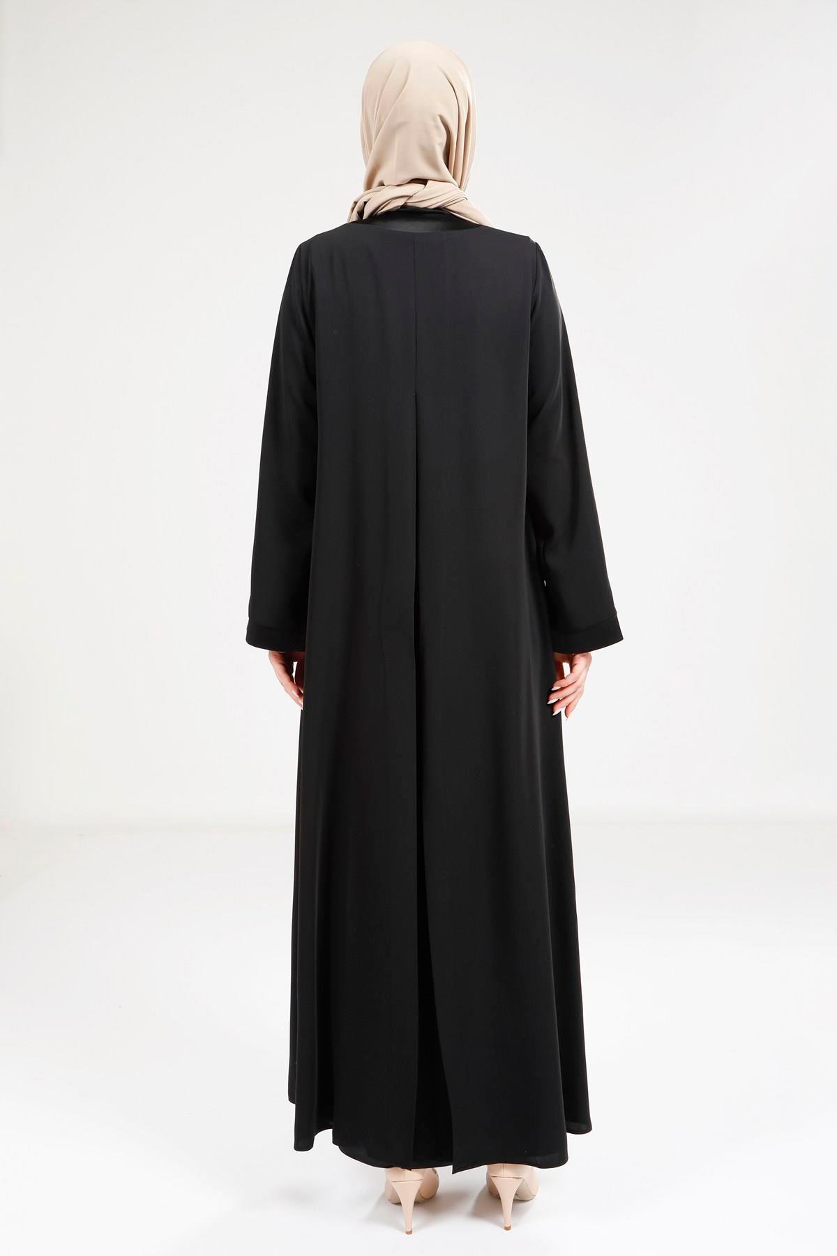 Beyza-9269 ABAYA SATEN ELBİSELİ SİYAH