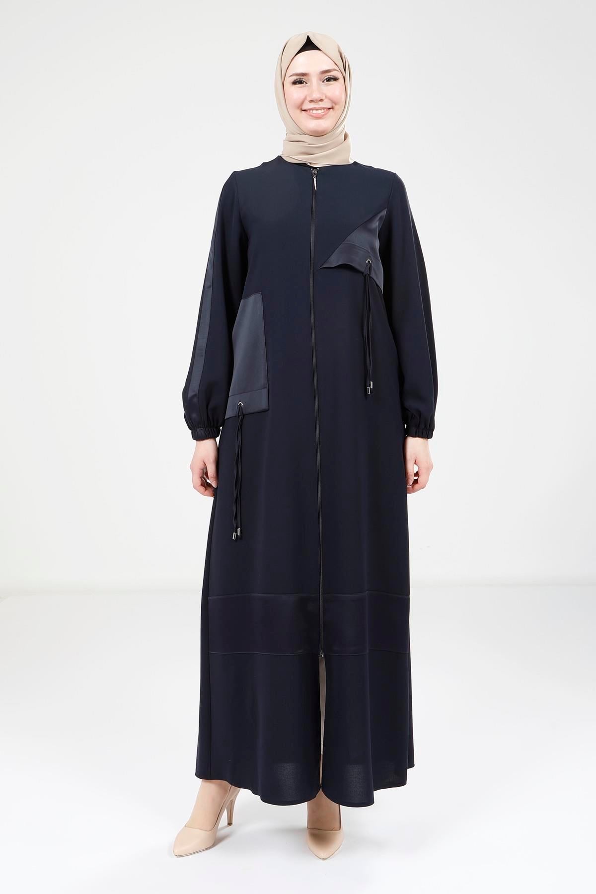 Beyza-Beyza Saten Garnili Lacivert Ferace 9203