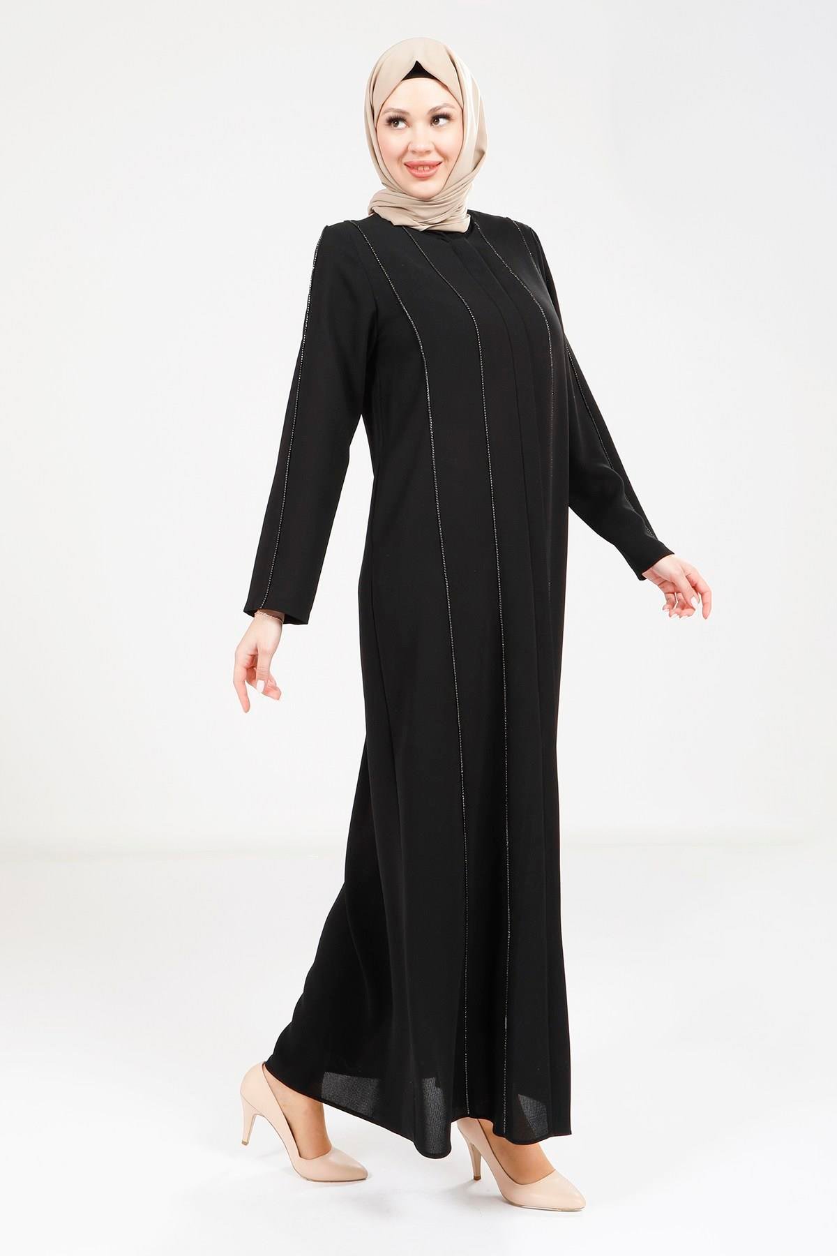 Beyza-Beyza Şerit Taş Detaylı Siyah Ferace 9253
