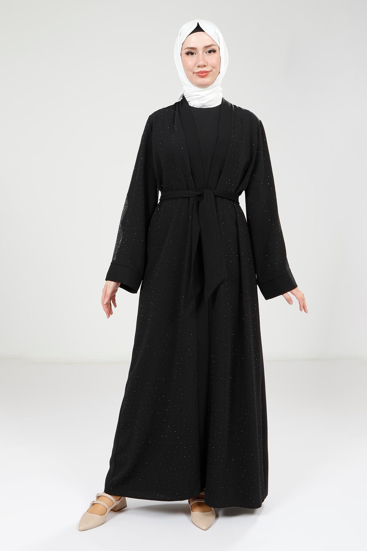 Beyza-Beyza Serpme Taş Detaylı Siyah Abaya Takım 9320