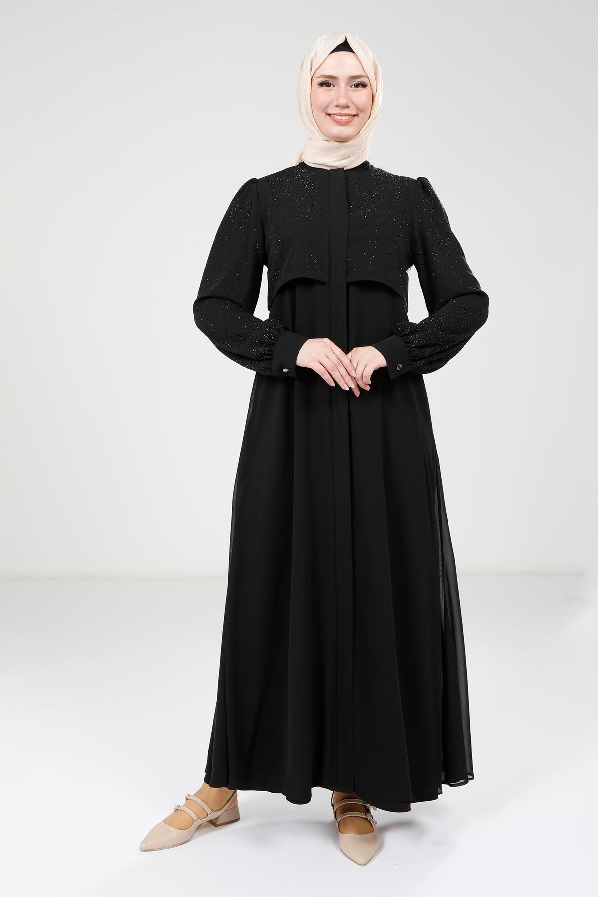 Beyza-Beyza Serpme Taş Detaylı Siyah Ferace 9254