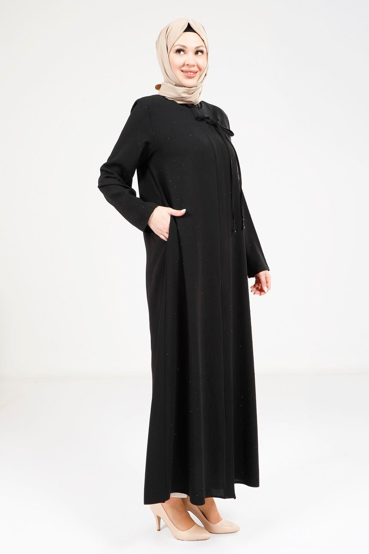 Beyza-Beyza Serpme Taş Detaylı Siyah Ferace 9250