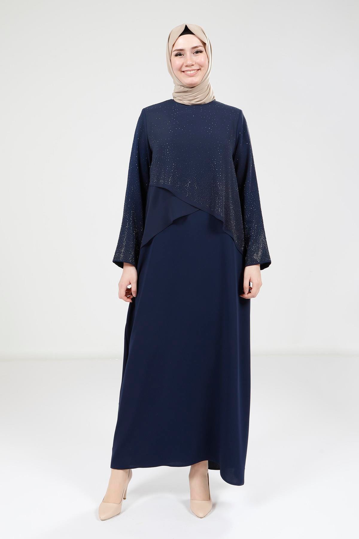 Beyza-Beyza Taş Detaylı Lacivert Şifon Elbise 9323
