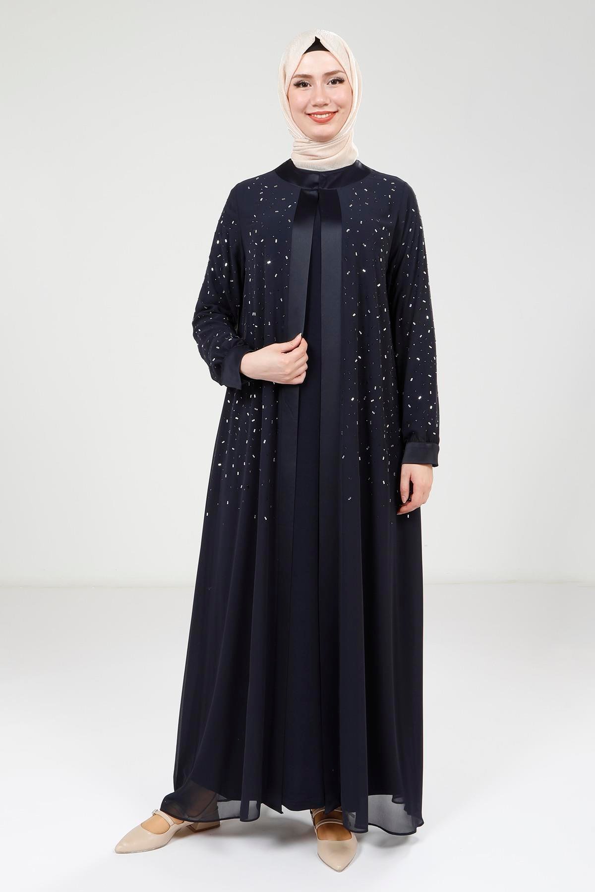 Beyza-Beyza Taş Detaylı Şifon Lacivert Abaya Takım 9321