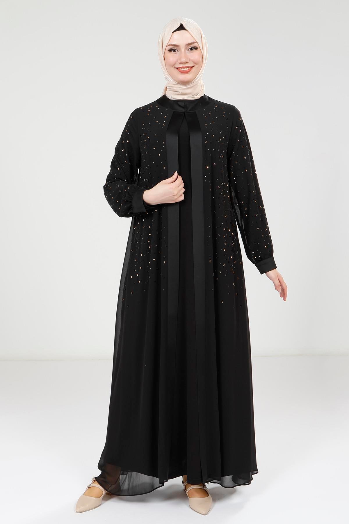 Beyza-Beyza Taş Detaylı Şifon Siyah Abaya Takım 9321