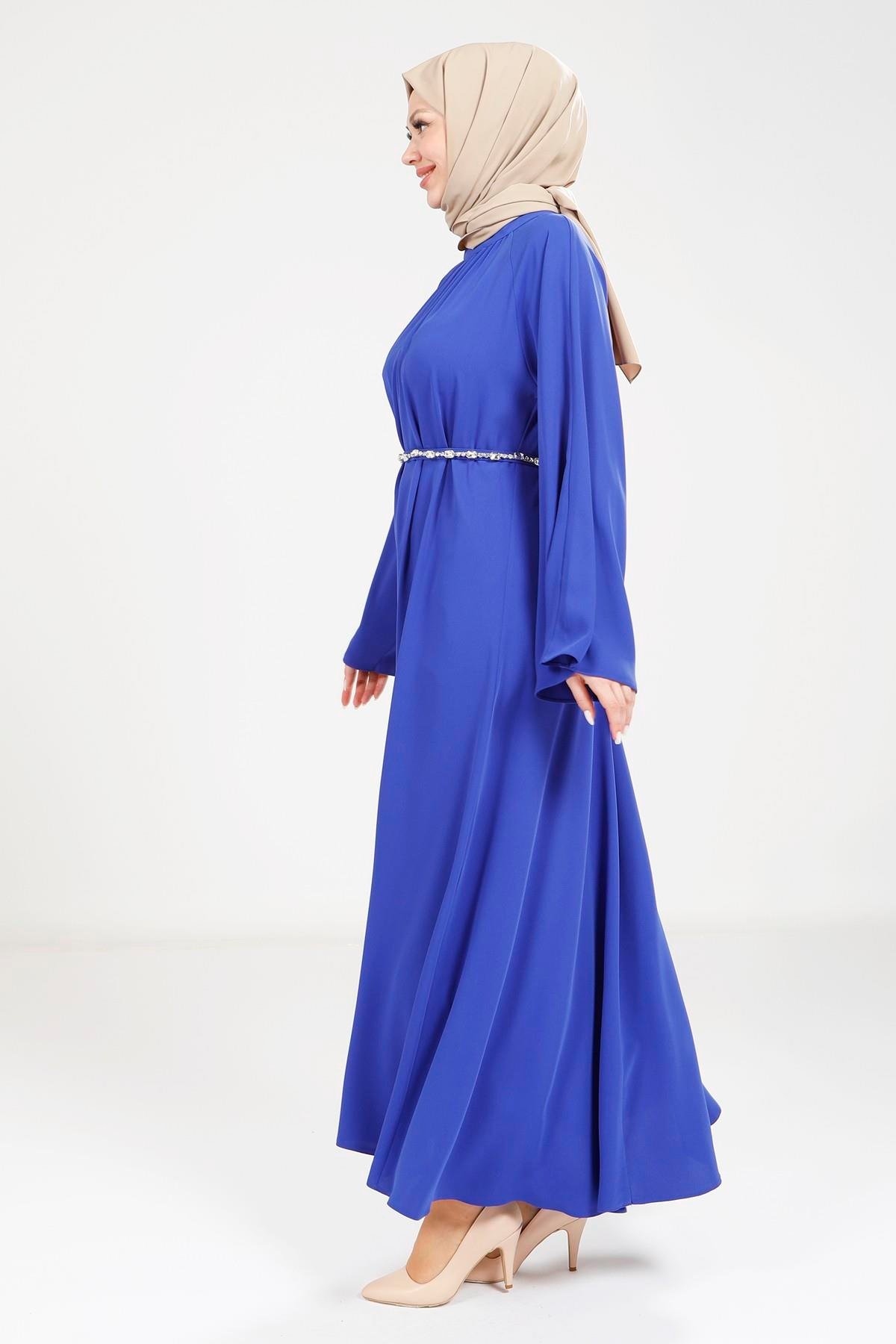Beyza-9271 ELBİSE TAŞ KEMERLİ SAKS MAVİSİ