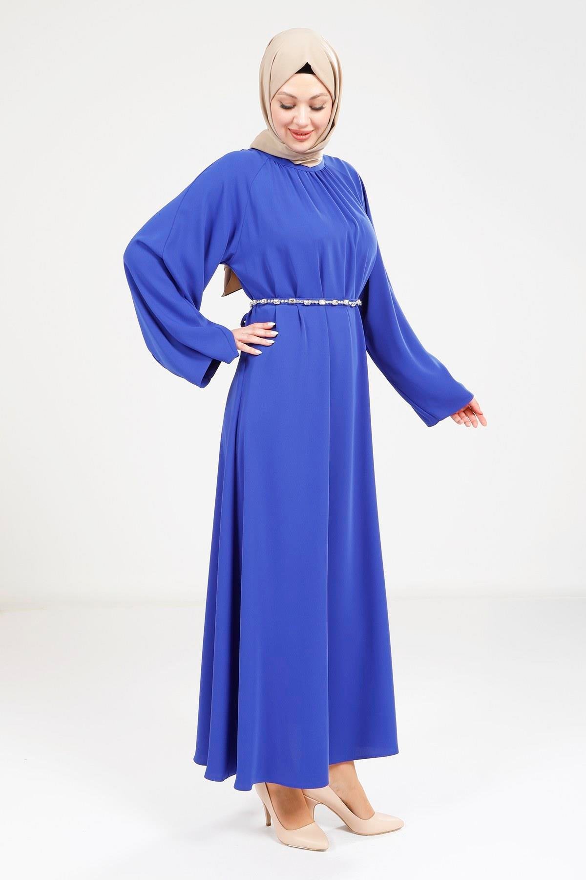 Beyza-9271 ELBİSE TAŞ KEMERLİ SAKS MAVİSİ