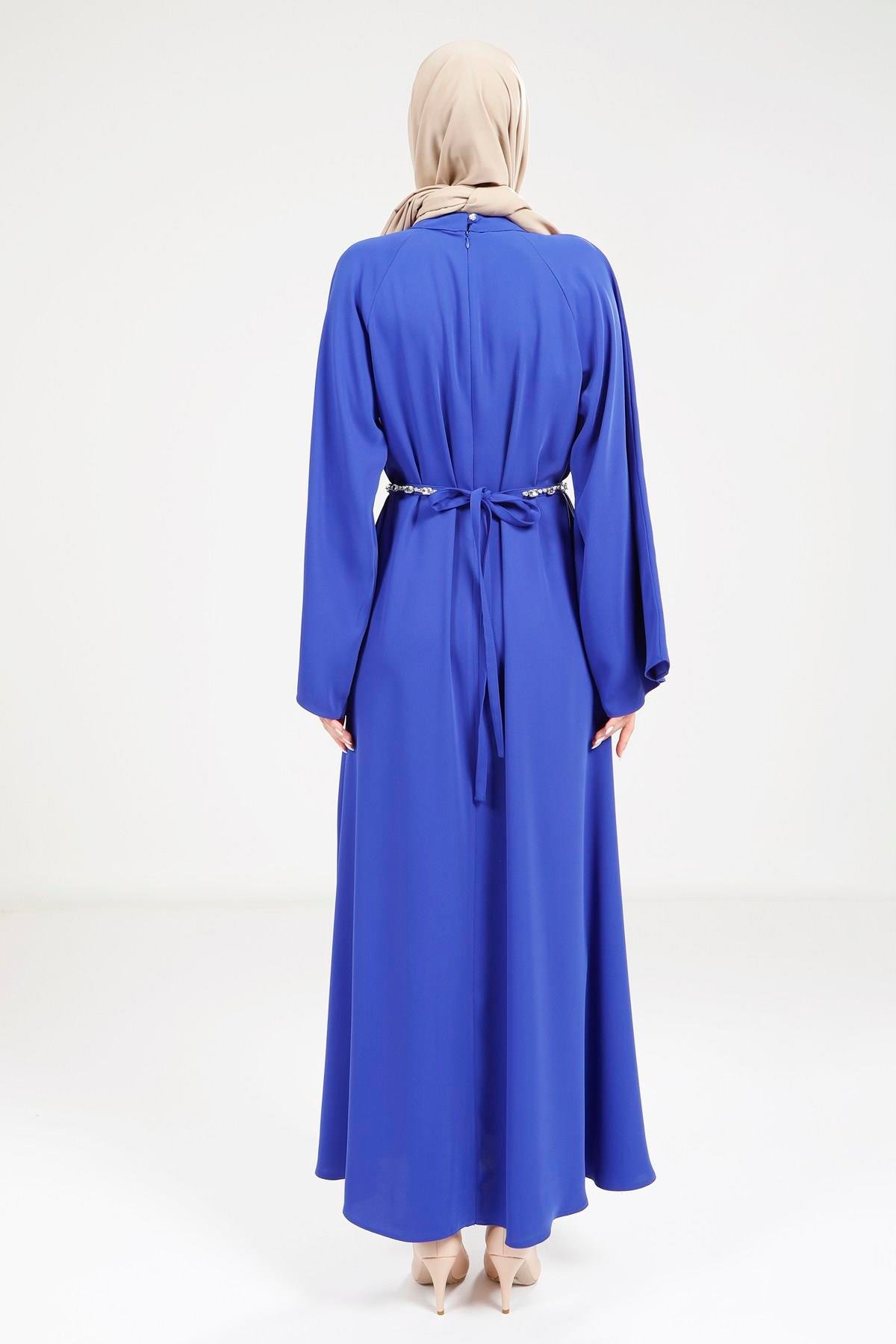 Beyza-9271 ELBİSE TAŞ KEMERLİ SAKS MAVİSİ