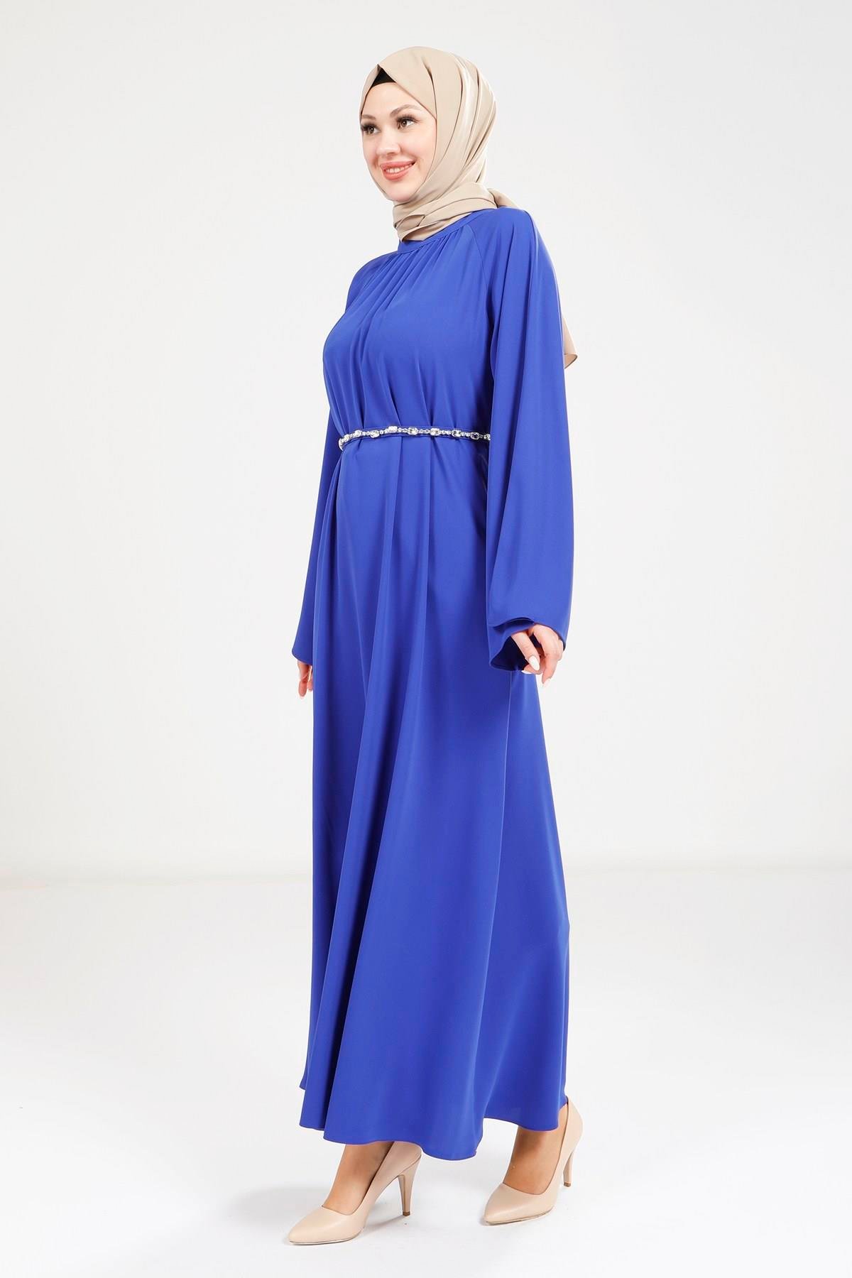 Beyza-9271 ELBİSE TAŞ KEMERLİ SAKS MAVİSİ