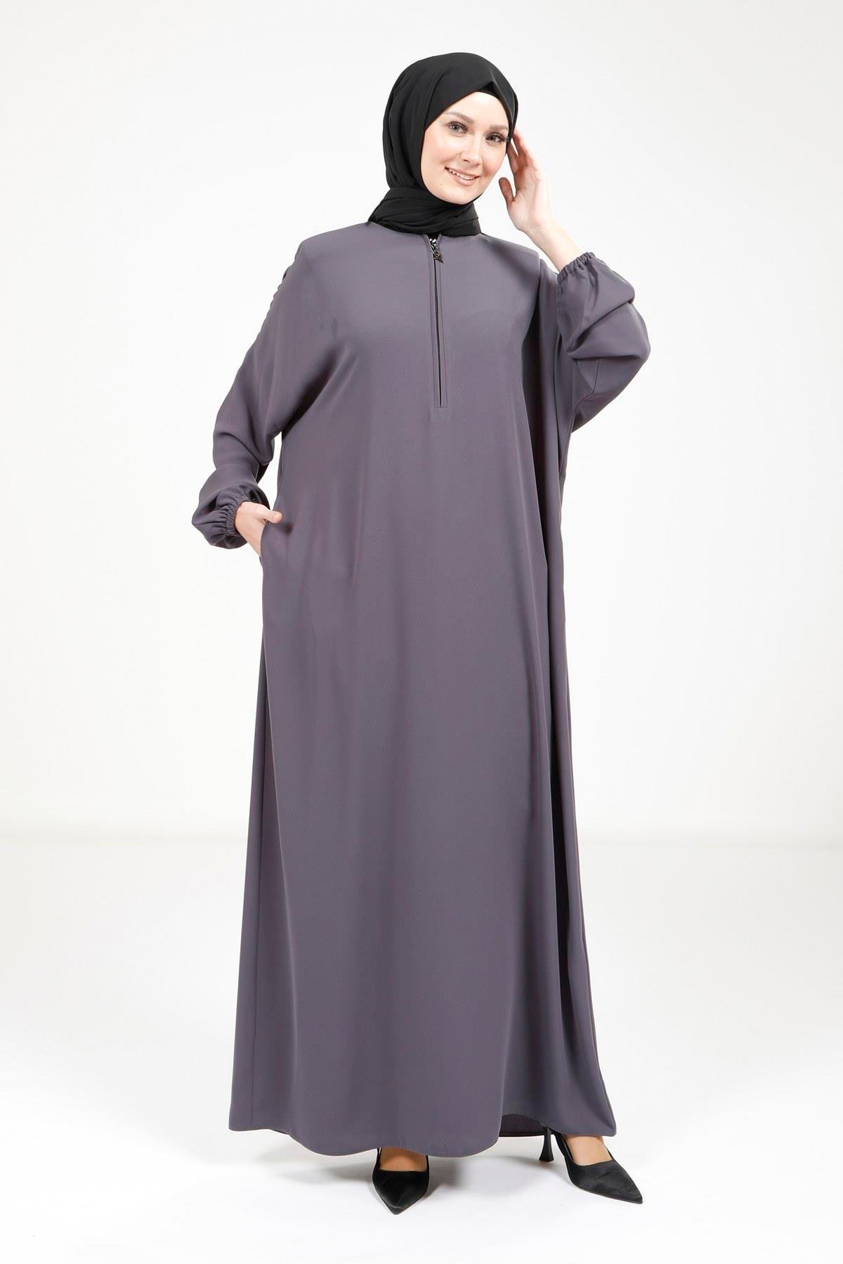 Beyza-Beyza Yakası Fermuarlı Füme Yarasa Elbise 9223