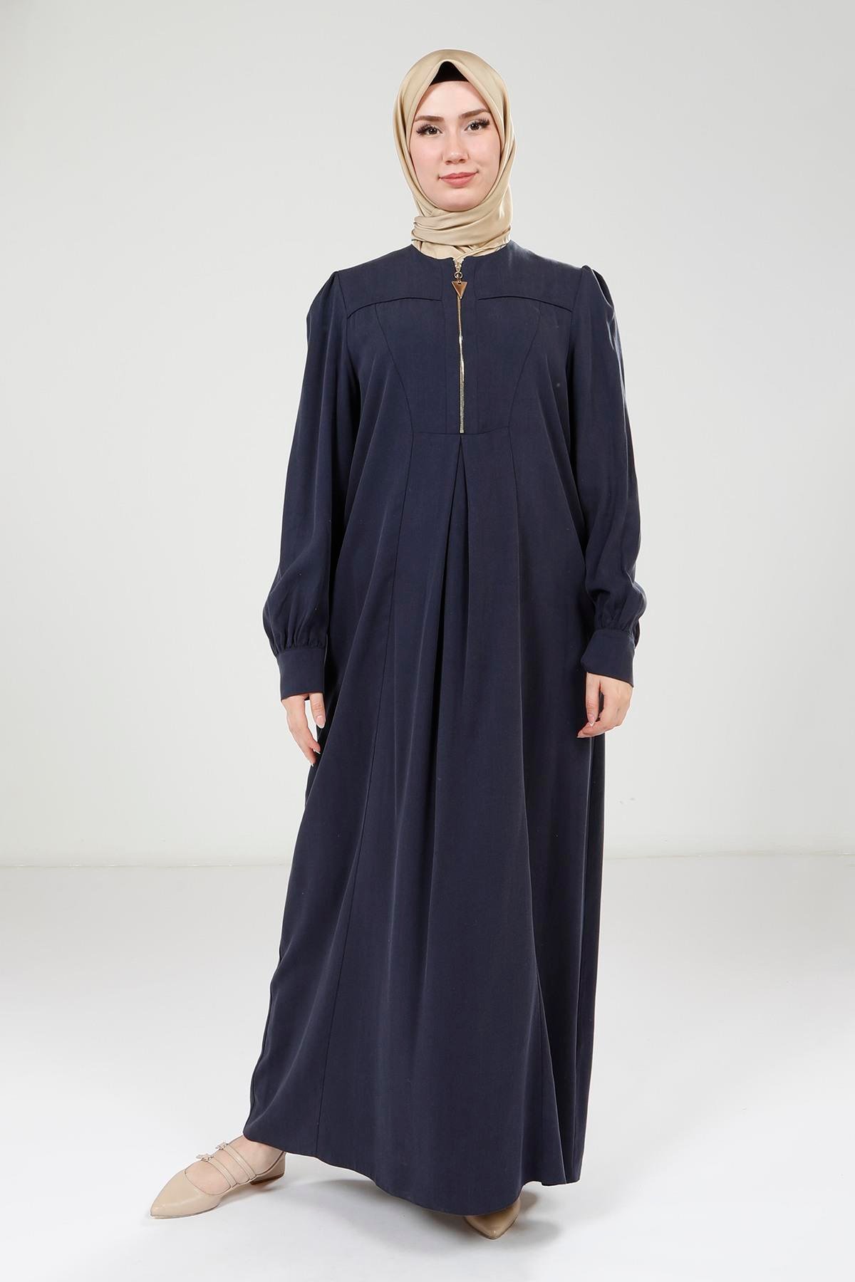Beyza-Beyza Yakası Fermuarlı Lacivert Renk Elbise 9401