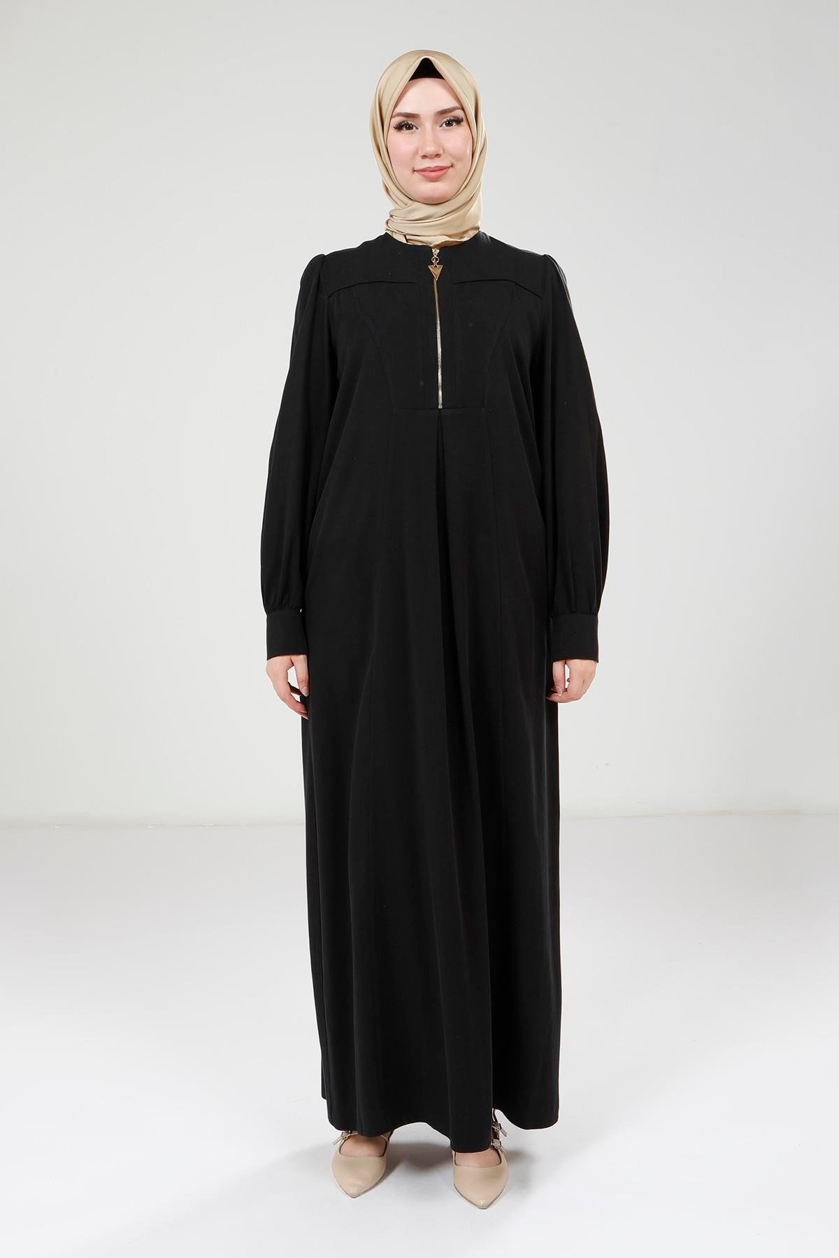Beyza-Beyza Yakası Fermuarlı Siyah Renk Elbise 9401