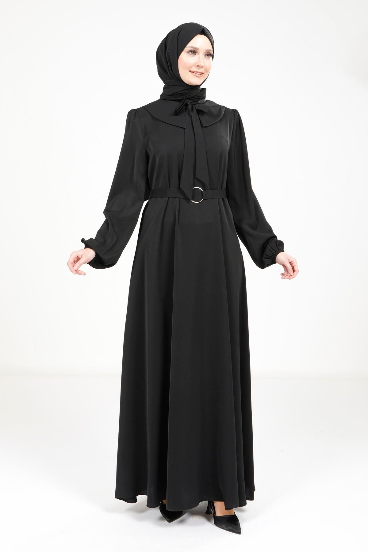 Beyza-Beyza Yakası Kurdele Beli Kuşak Detaylı Siyah Elbise 5646