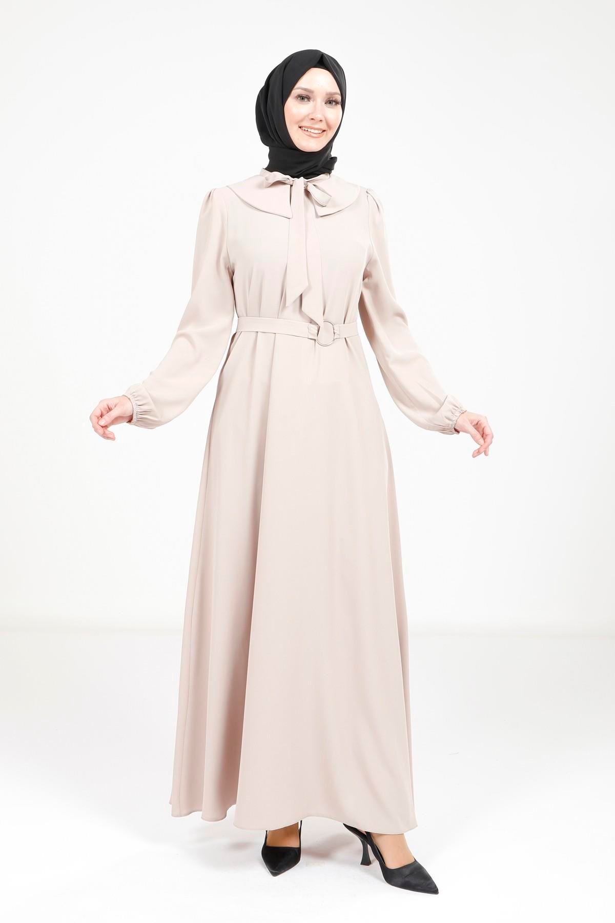 Beyza-Beyza Yakası Kurdele Beli Kuşak Detaylı Bej Renk Elbise 5646
