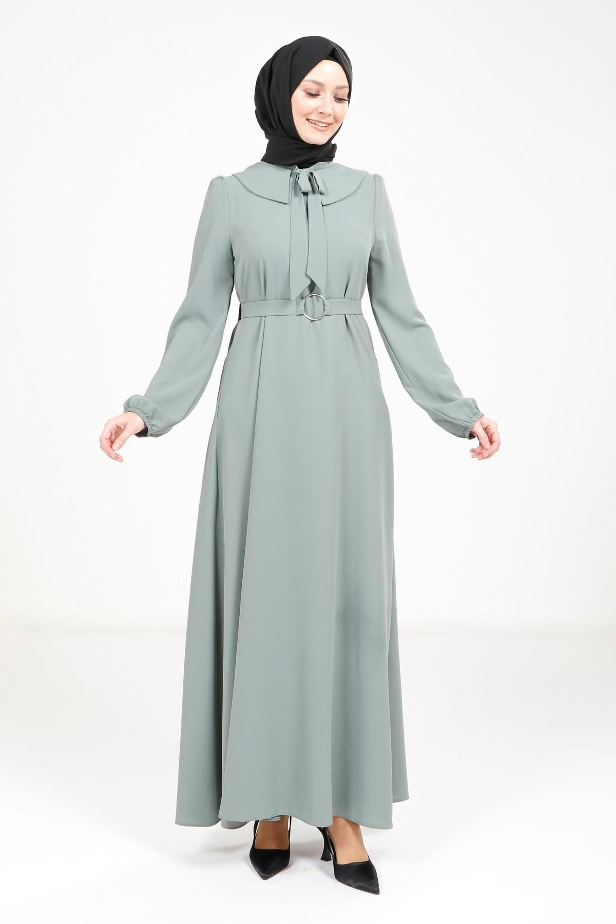 Beyza-Beyza Yakası Kurdele Beli Kuşak Detaylı Mint Renk Elbise 5646
