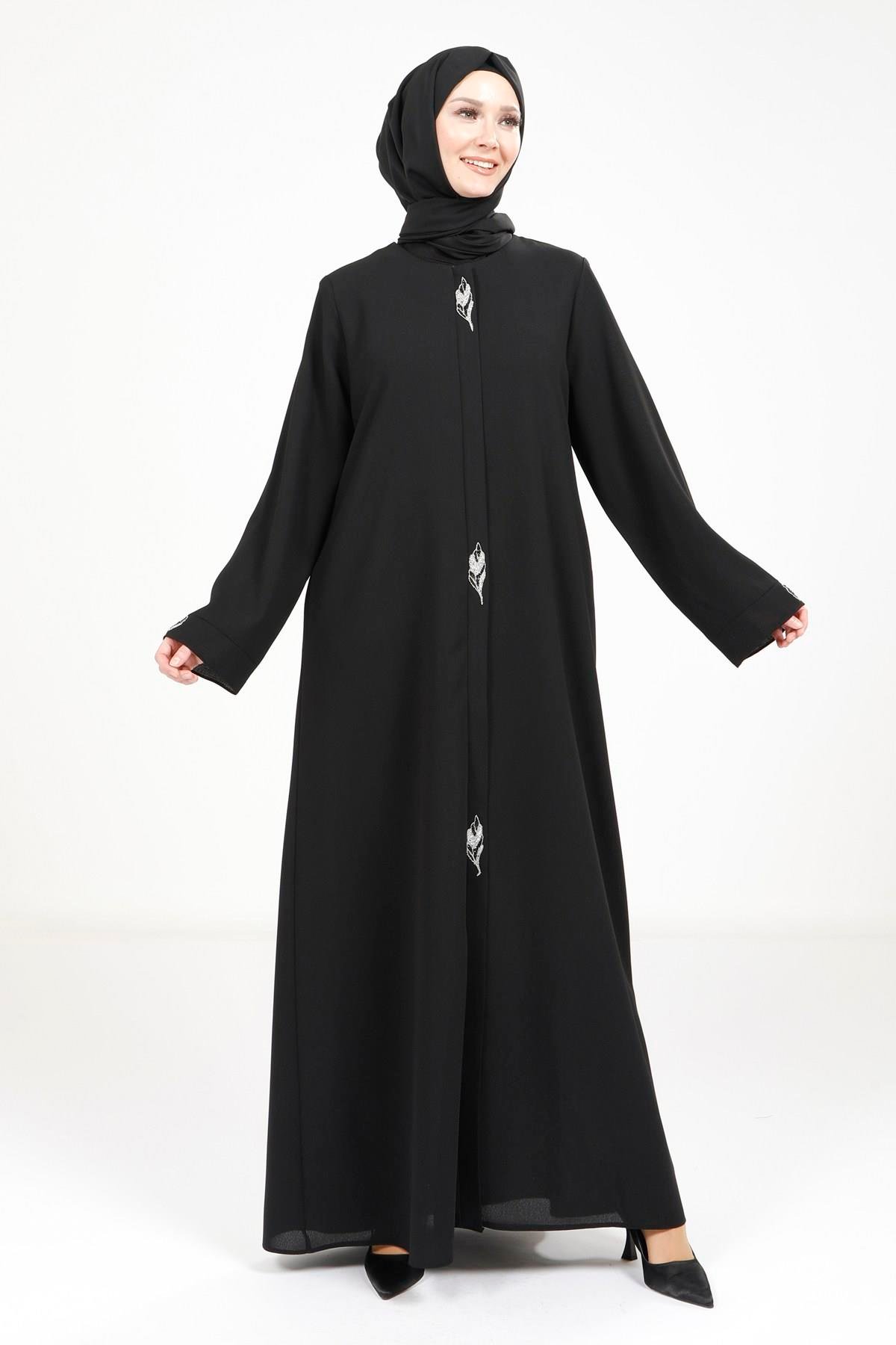 Beyza-Beyza Yaprak Detaylı Siyah Ferace 3487