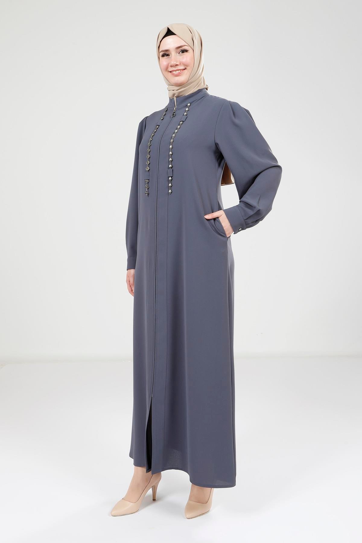 Beyza-Beyza Zincir Taşlı Koyu Gri Ferace 9167