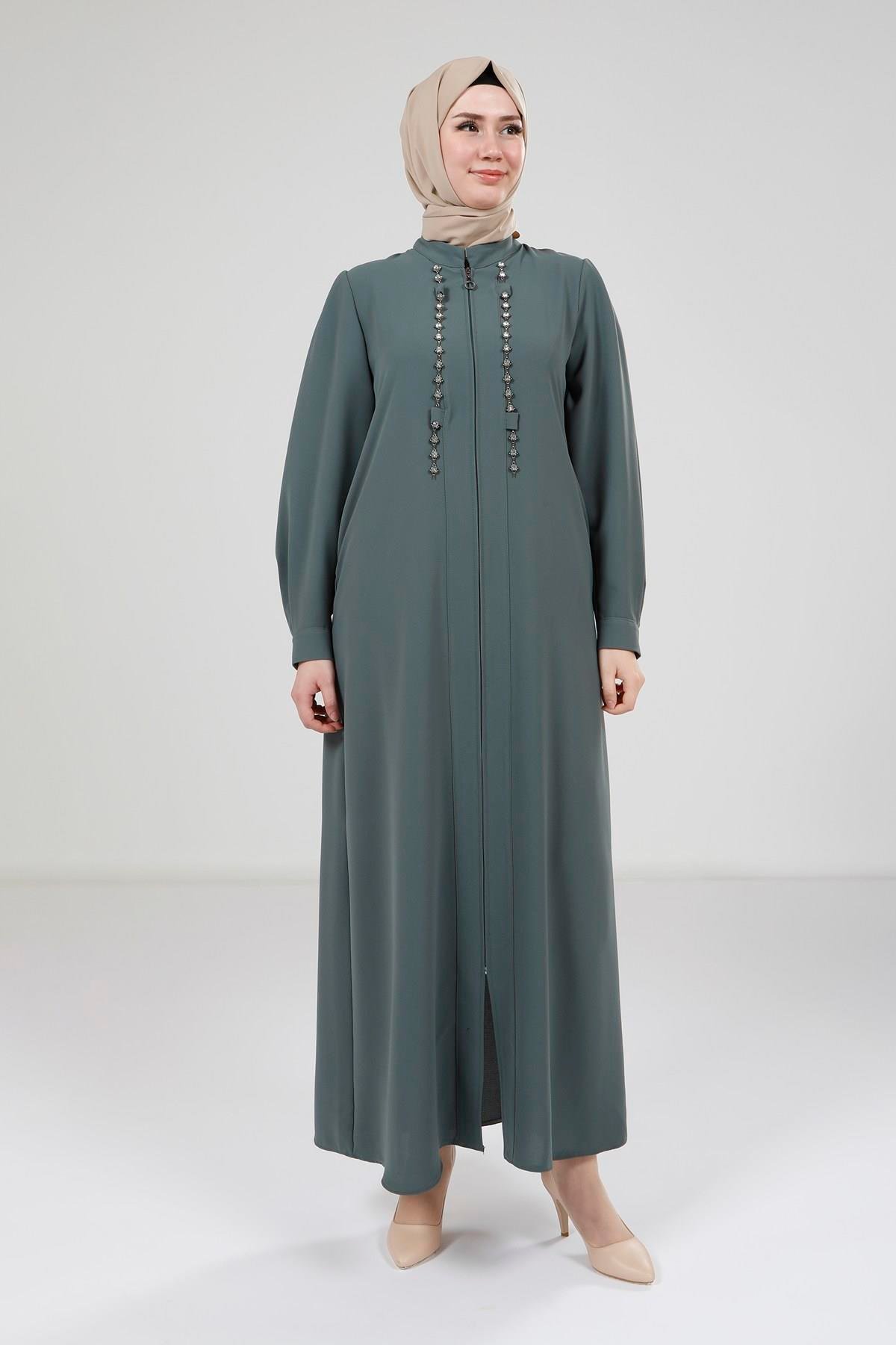 Beyza-Beyza Zincir Taşlı Yeşil Ferace 9167