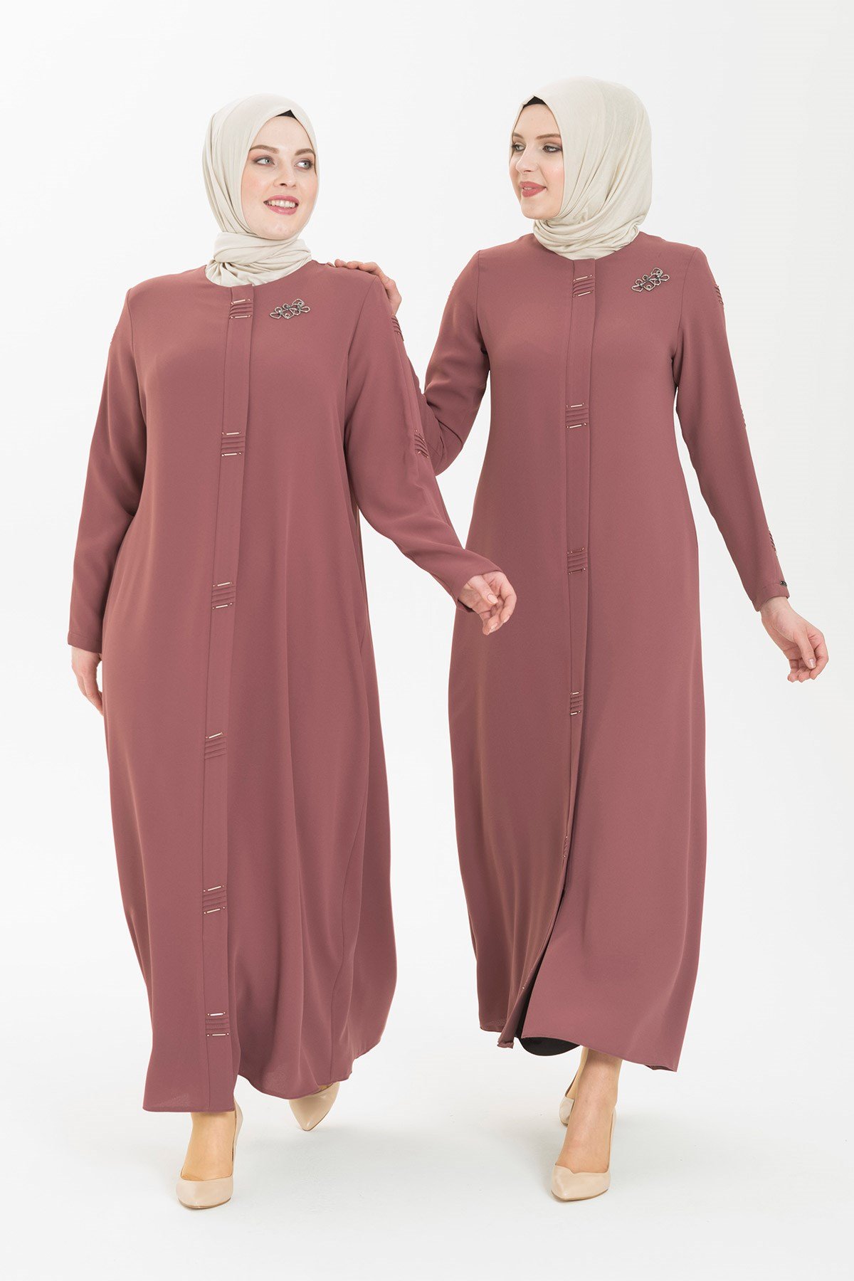 Beyza-Boncuk İşlemeli Nervür Detaylı Gül Kurusu Ferace 3351
