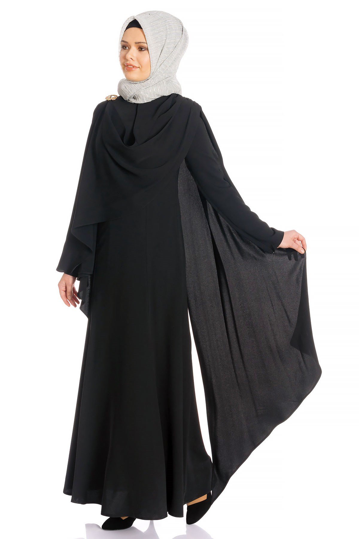 Beyza-Broche Robe de Soirée Modeste Noire Détaillée