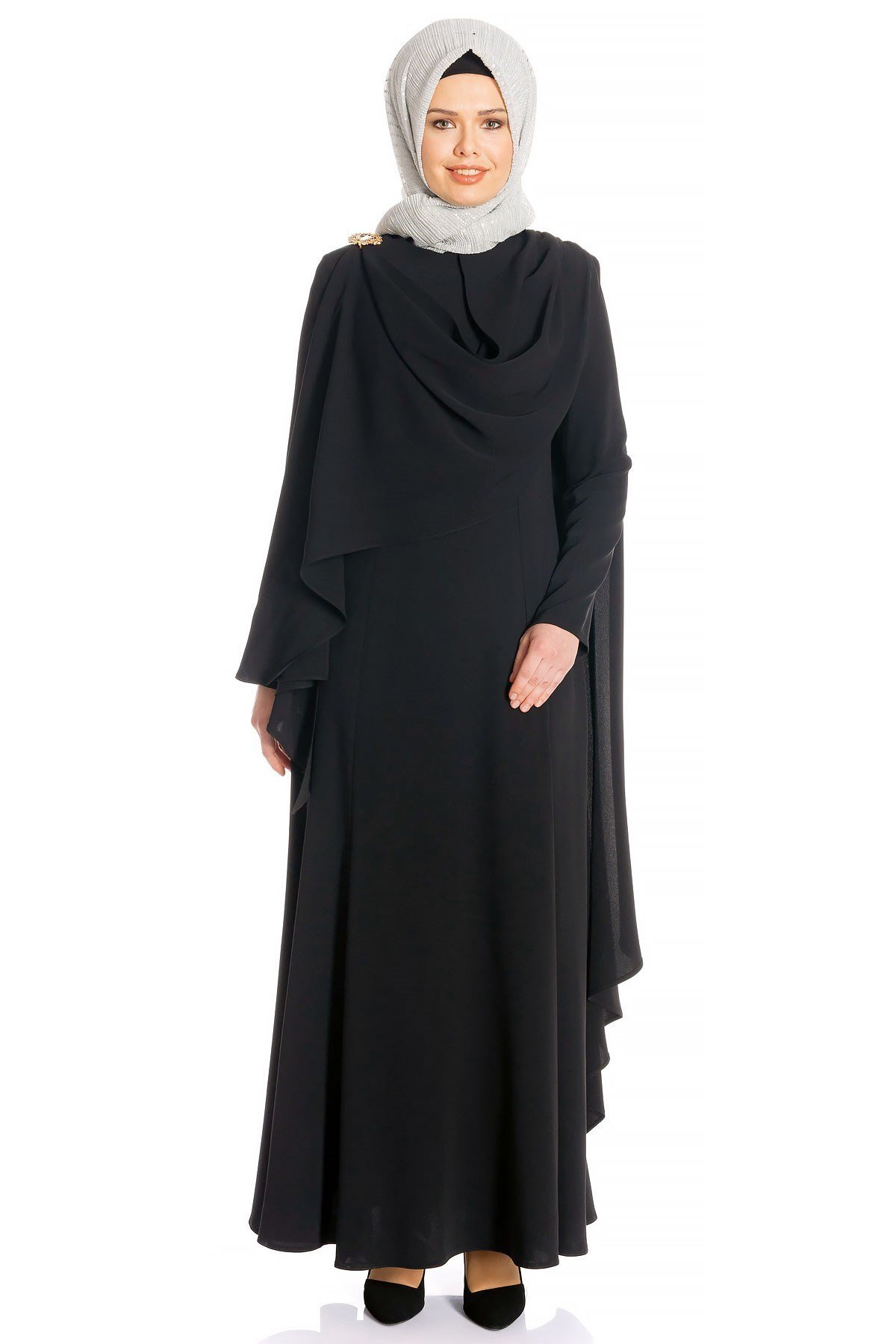 Beyza-Broche Robe de Soirée Modeste Noire Détaillée